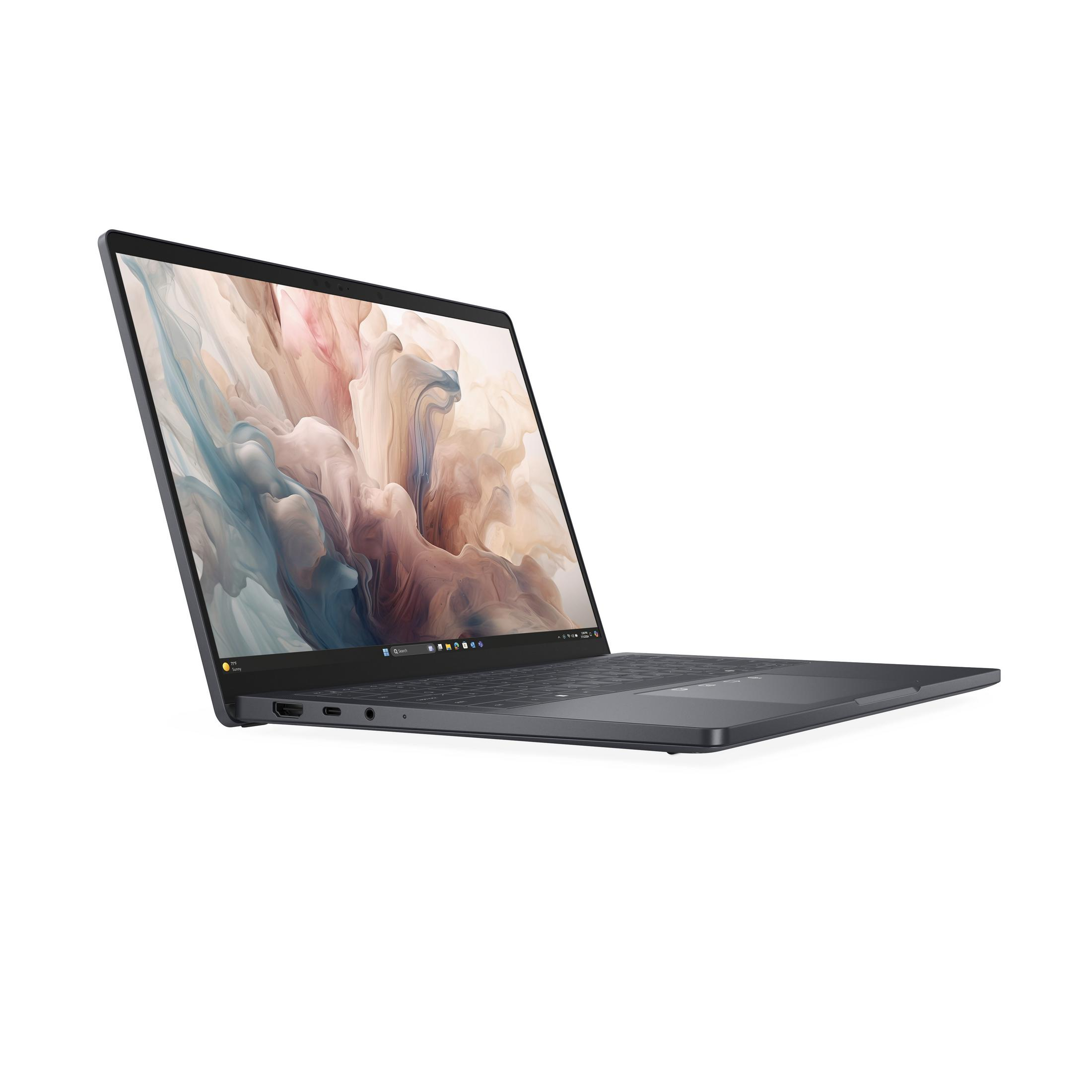 Ciemny laptop z abstrakcyjną tapetą na ekranie.