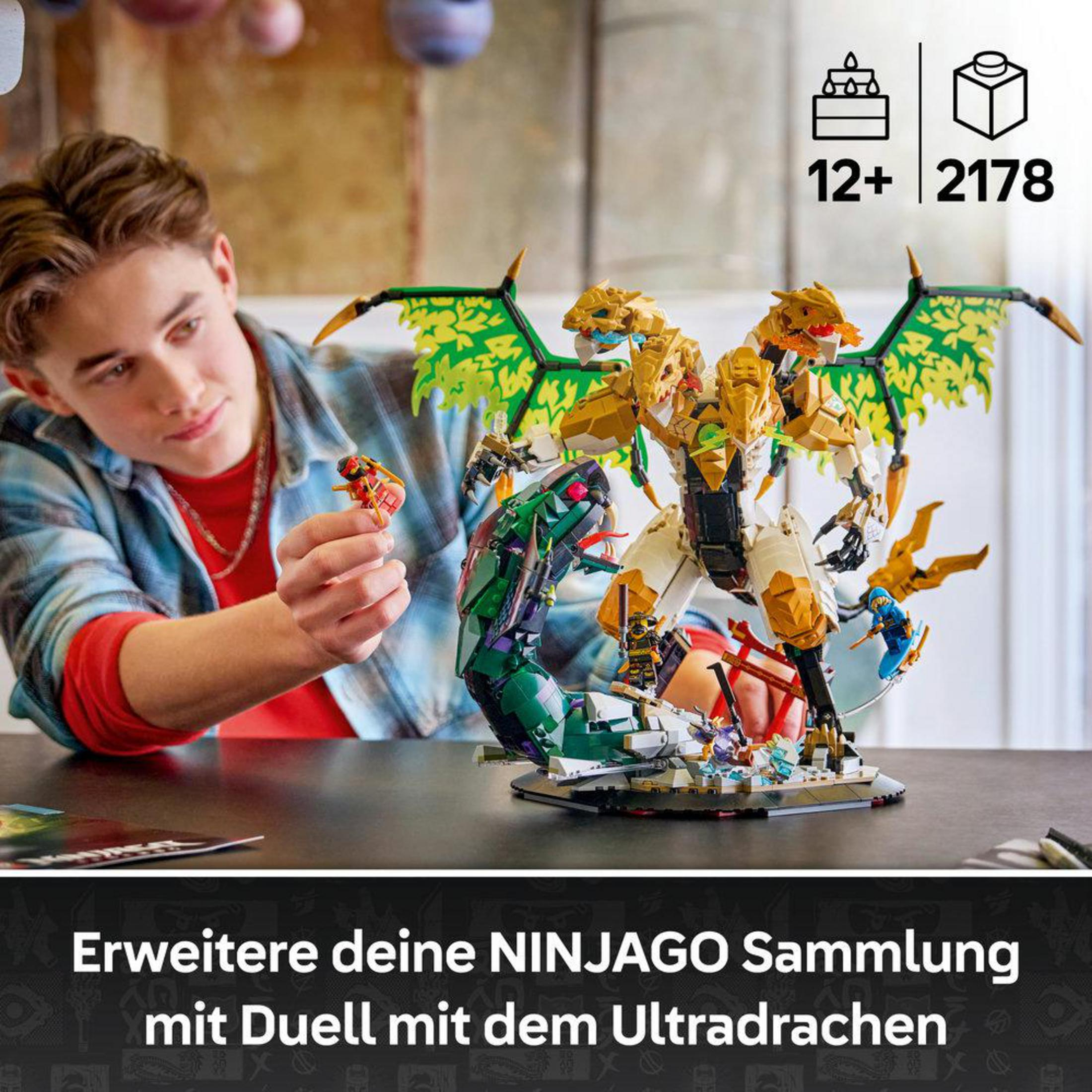 Ragazzo guarda set giocattolo Ninjago drago e serpente con 2178 pezzi.