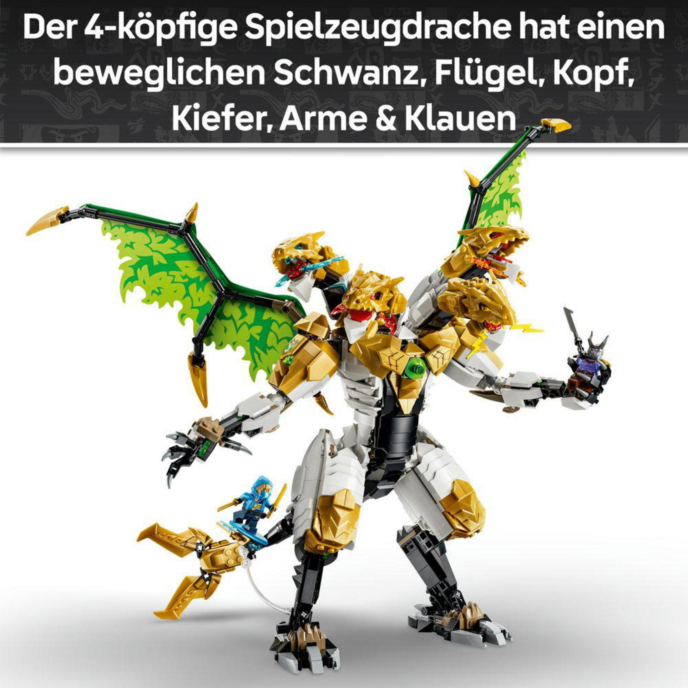 Un drago dorato a quattro teste con ali verdi e minifigure.