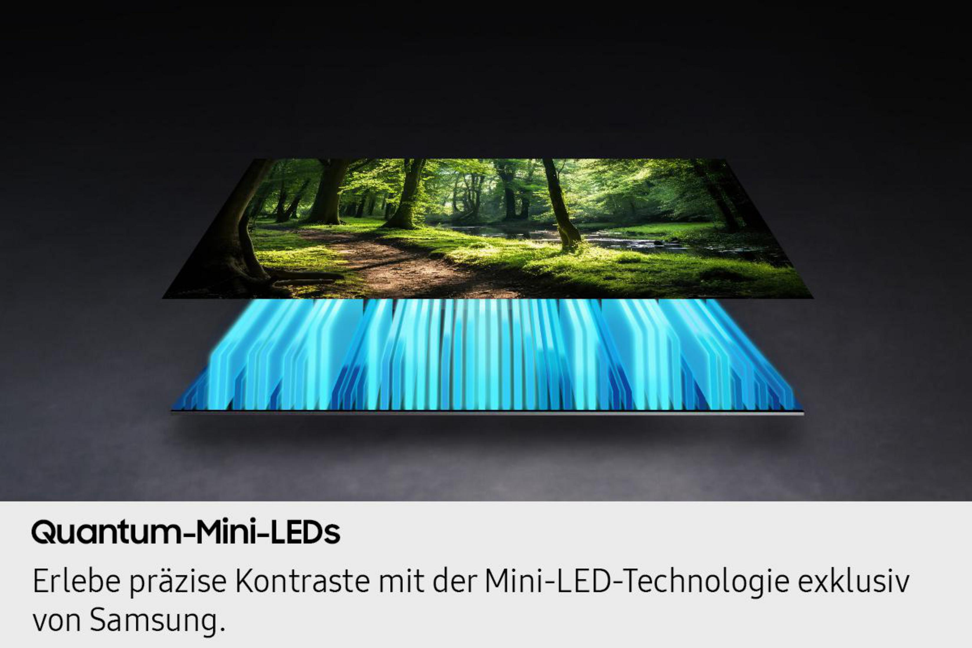 Grüner Waldweg mit Sonnenlicht, darunter blaue LED-Streifen.
