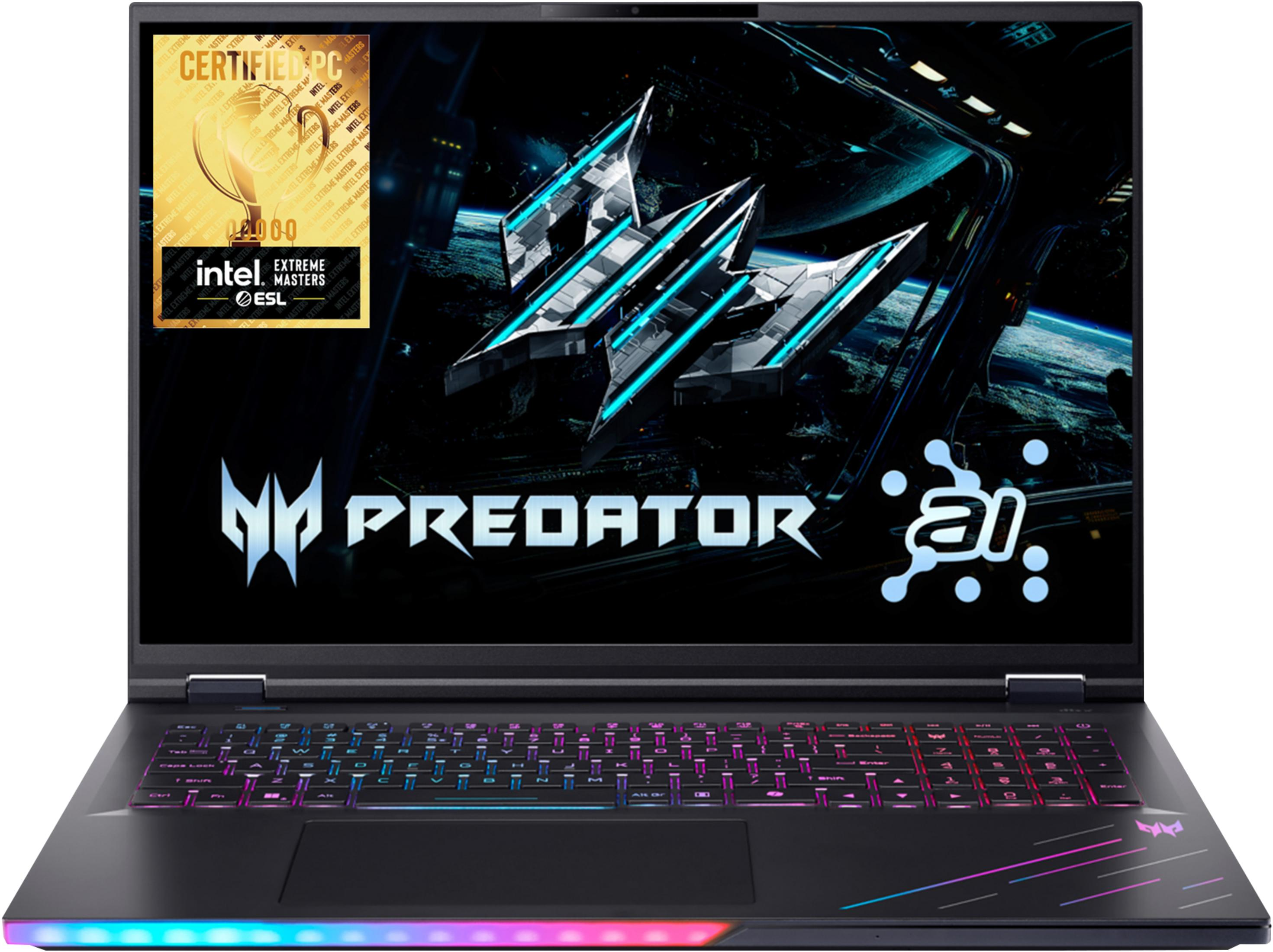 Ein Laptop mit beleuchteter Tastatur und einem Bildschirm mit Predator-Logo und Zertifizierung.