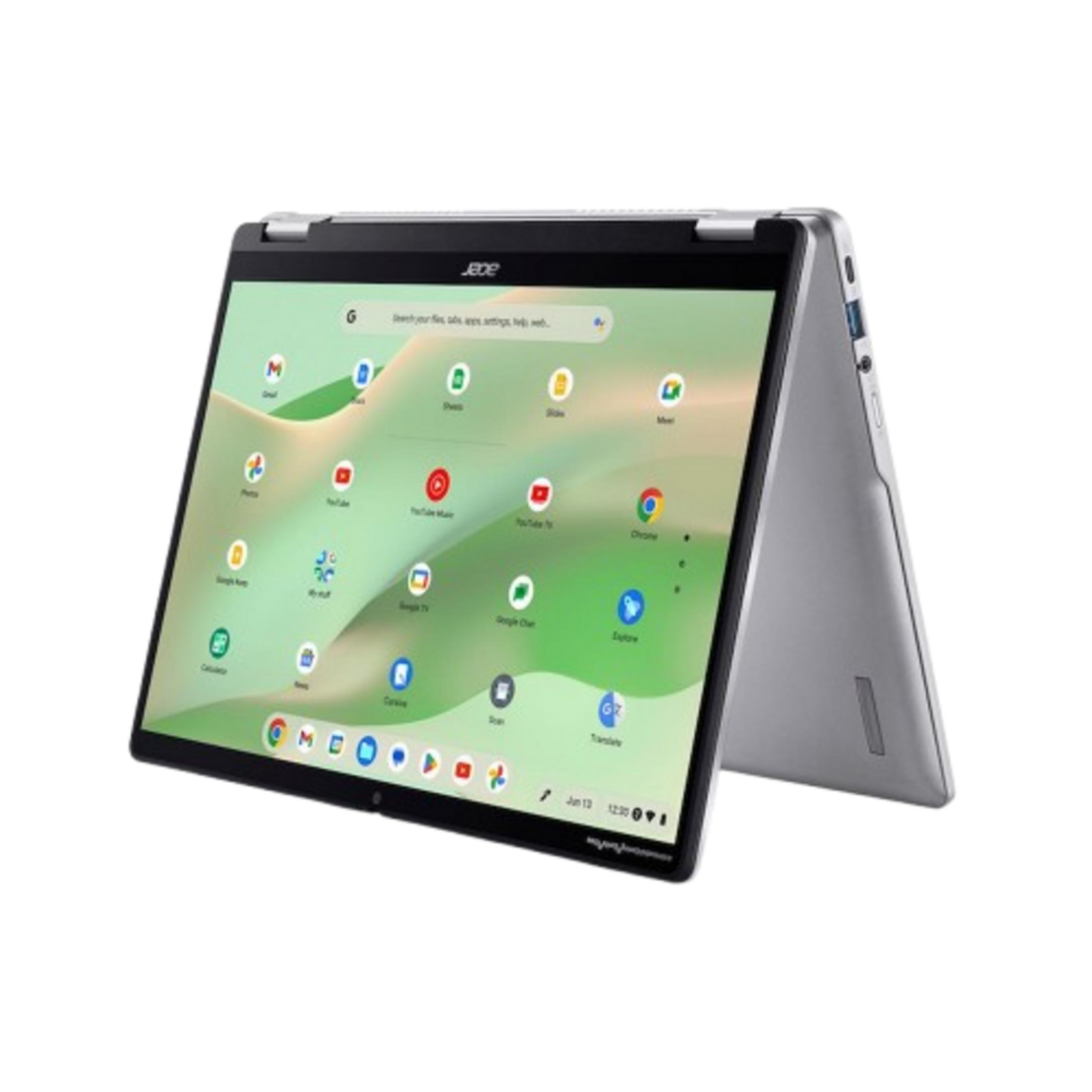 Un portátil convertible plateado Acer está abierto, mostrando la interfaz de ChromeOS.