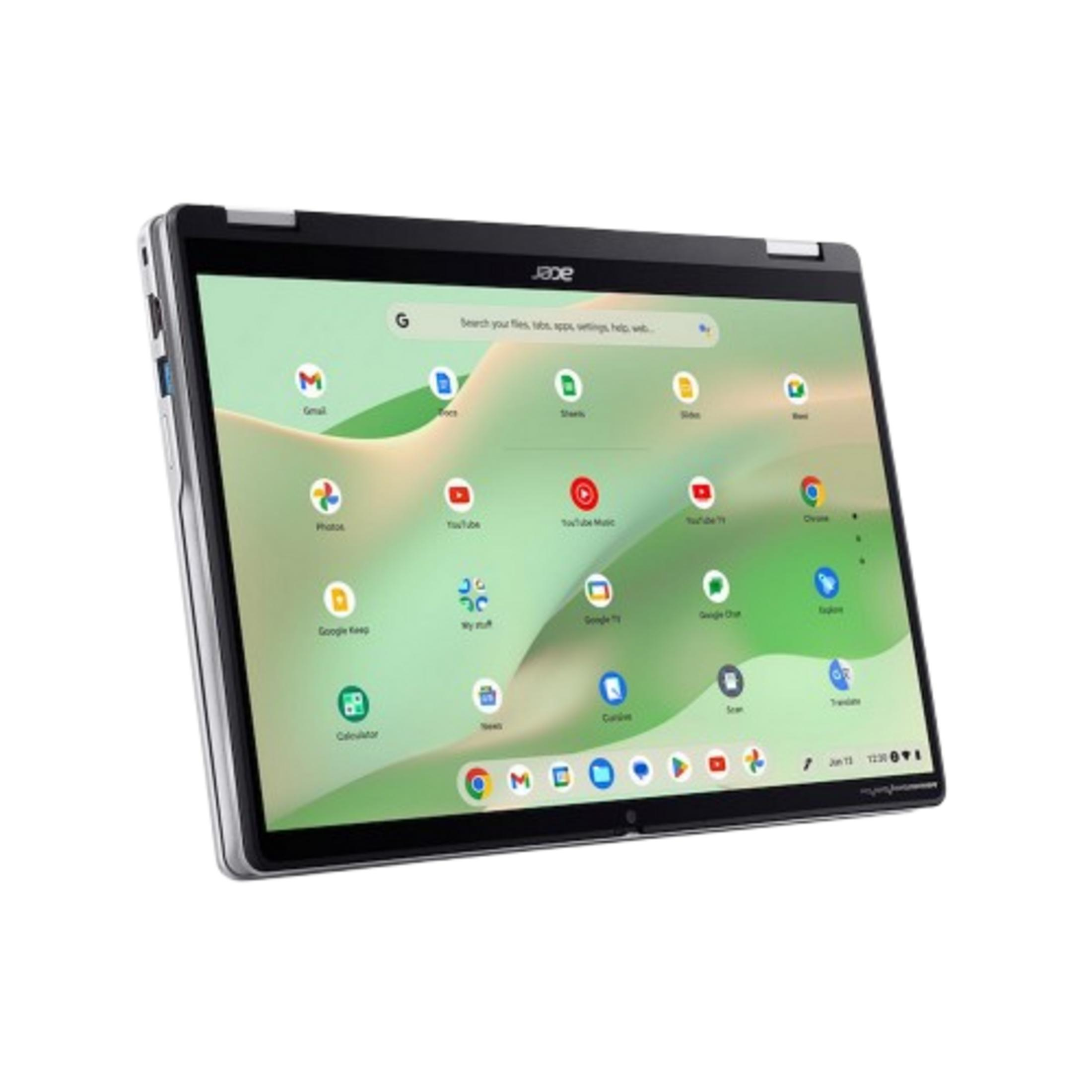 Un Acer Chromebook en modo tableta con aplicaciones en pantalla.