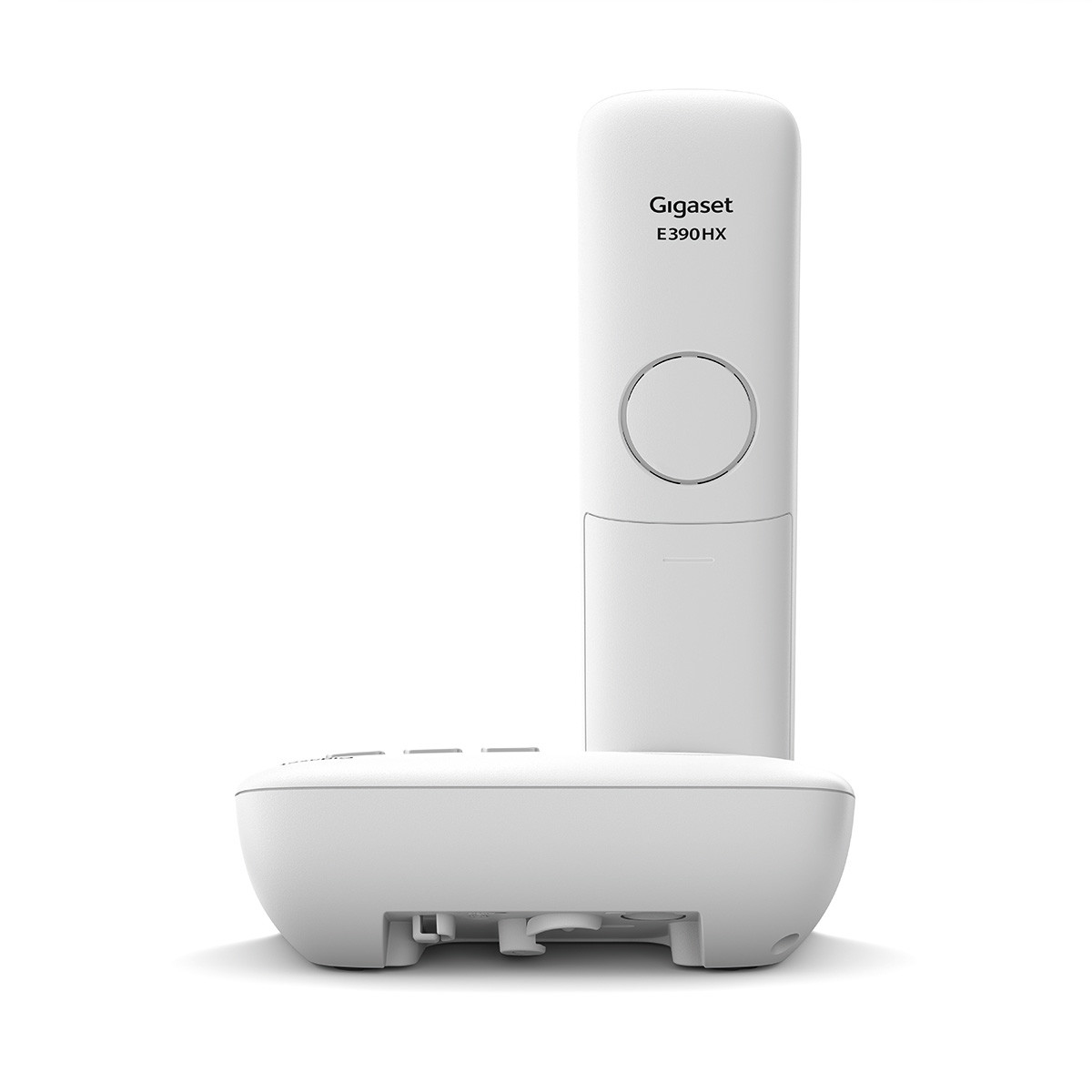 Un telefono cordless bianco Gigaset E390HX su sfondo bianco.