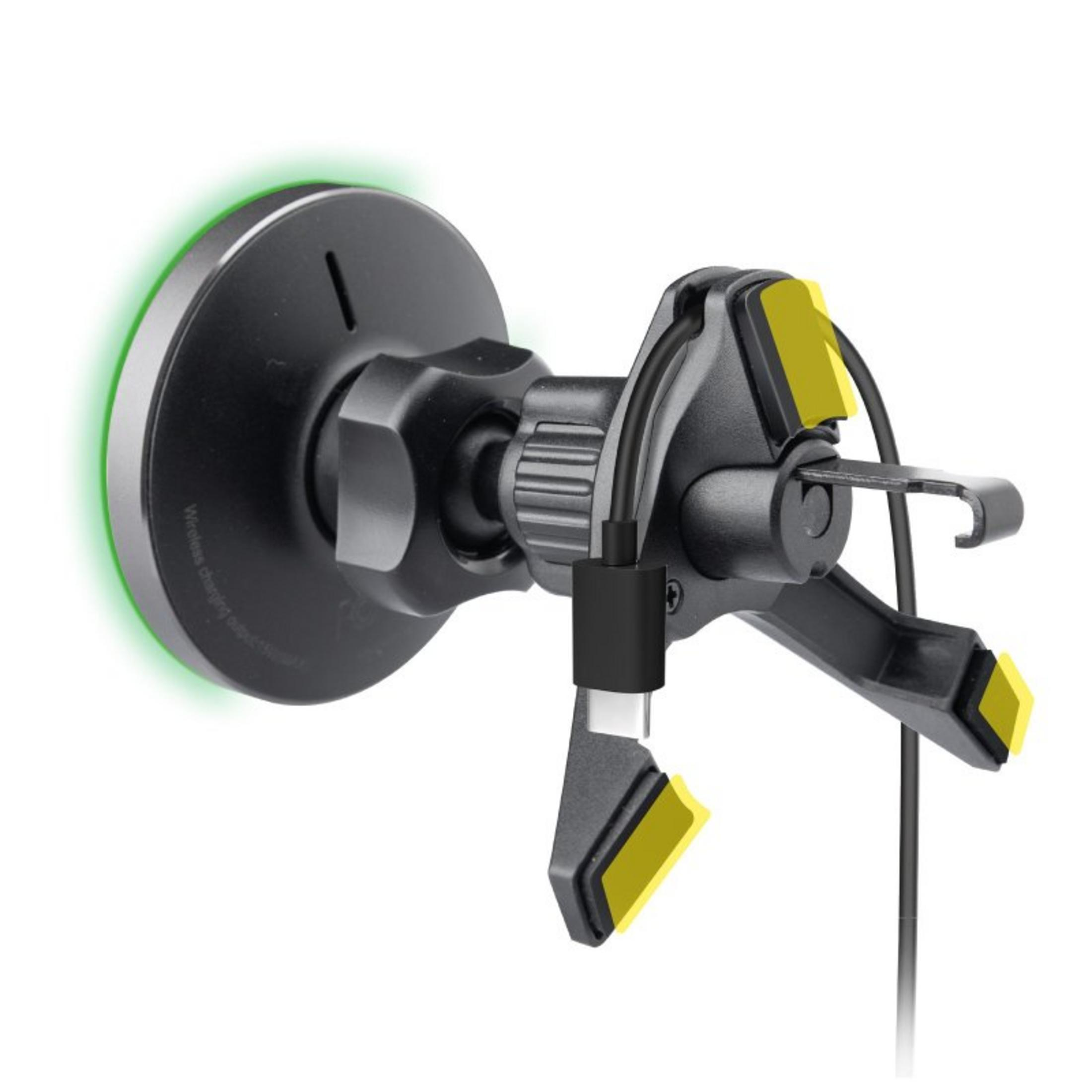 Supporto nero per telefono con cavo USB-C e bagliore verde.