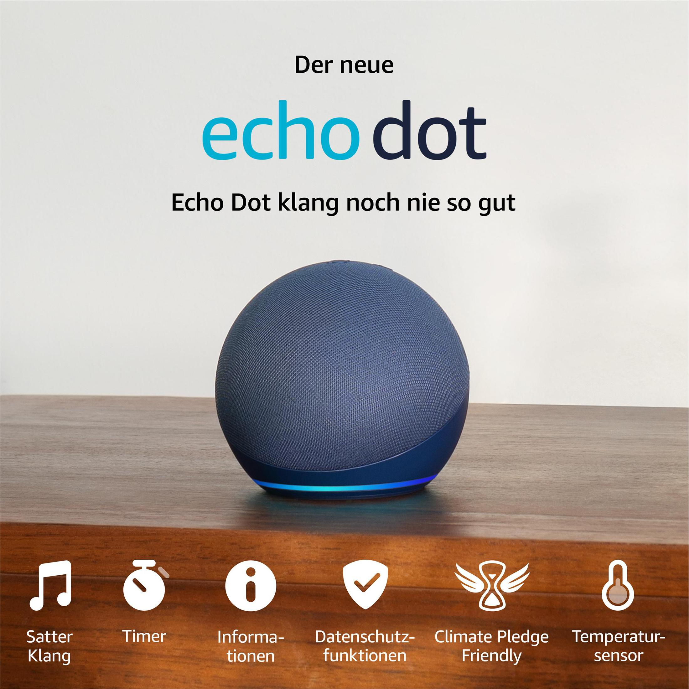 The new Echo Dot on a wooden table with icons for sound, timer, info, privacy, climate, and sensor.
