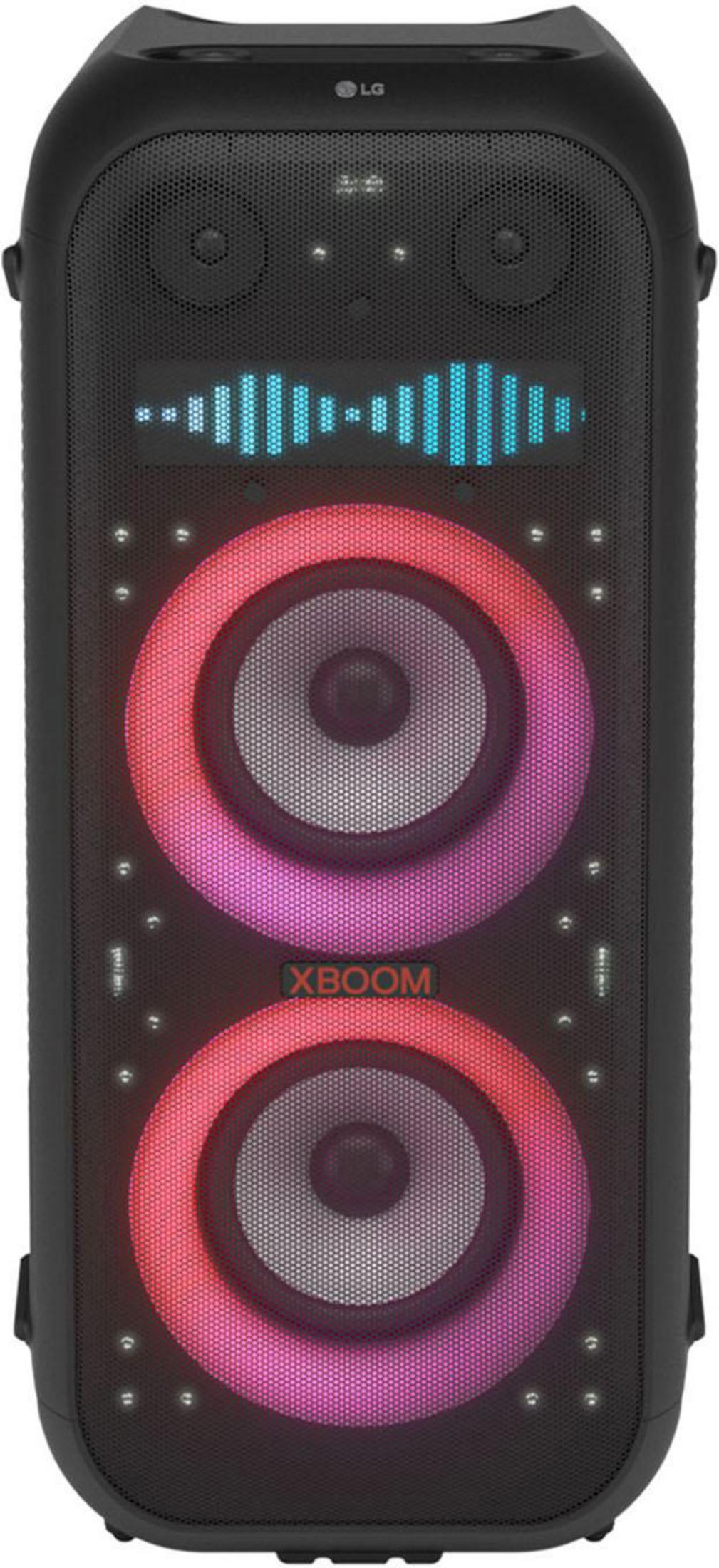 Altoparlante LG XBOOM nero con due luci circolari e una barra luminosa.