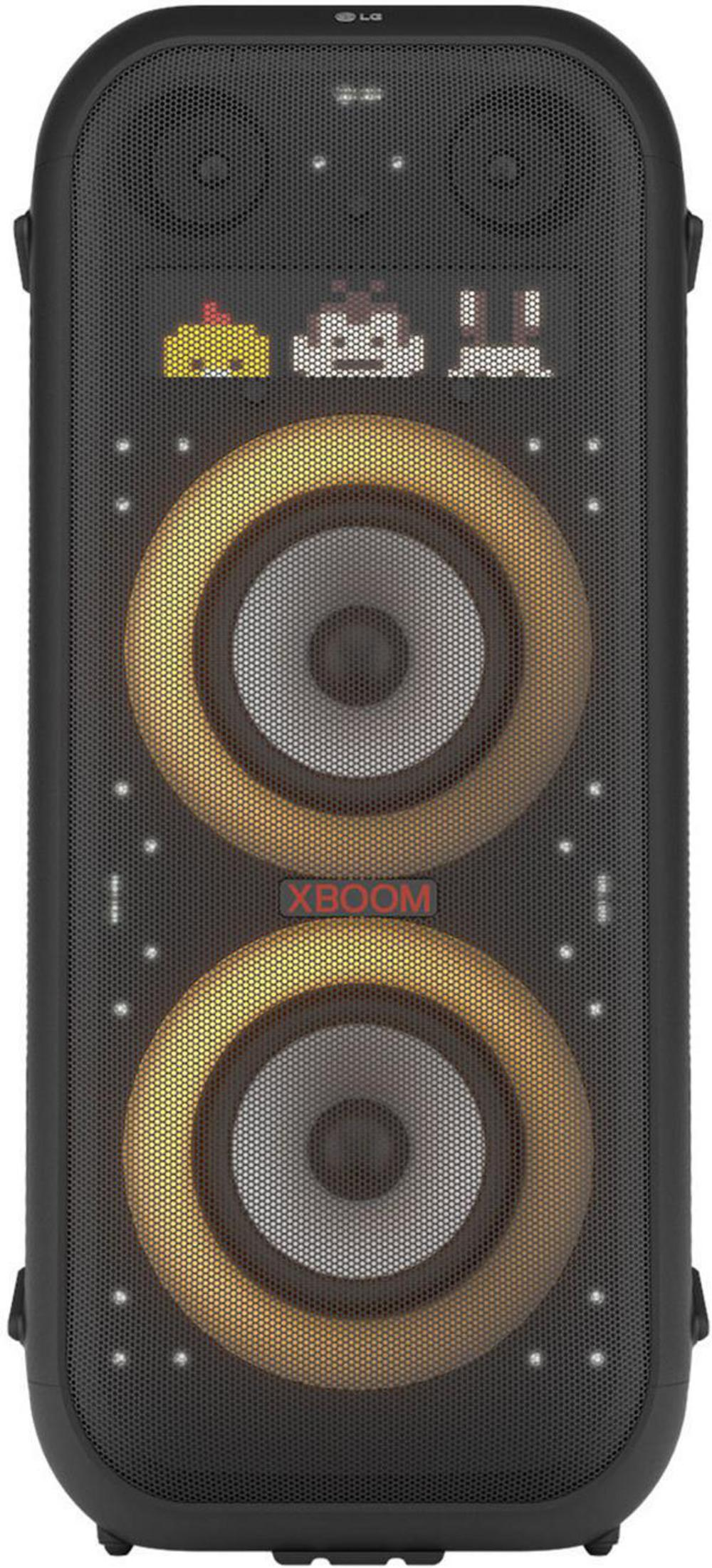 Altoparlante LG XBOOM nero con due woofer grandi e pixel art.