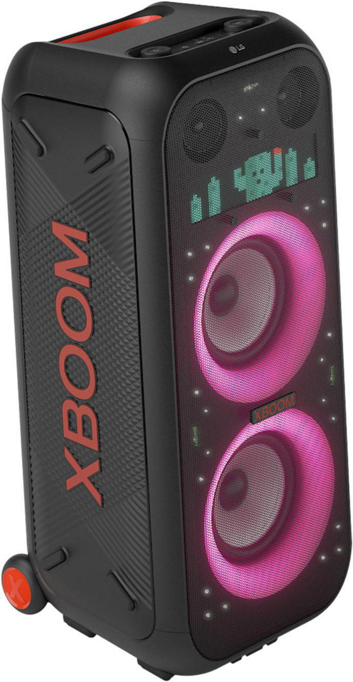 Altoparlante portatile nero con altoparlanti illuminati rosa e logo XBOOM.