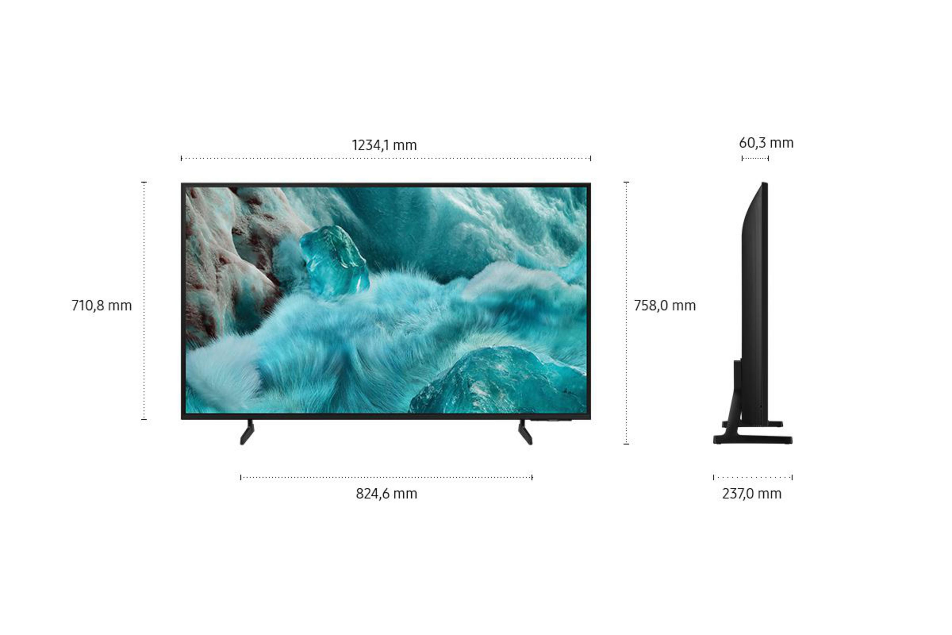 Ein Fernseher mit den Maßen 1234,1 mm Breite und 710,8 mm Höhe.