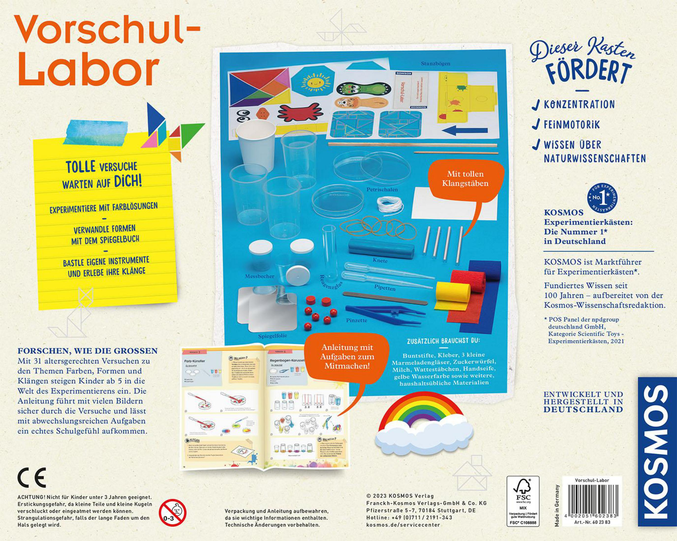 Vorschul-Labor Kasten mit Experimentierutensilien, Anleitung und Lernhinweisen.