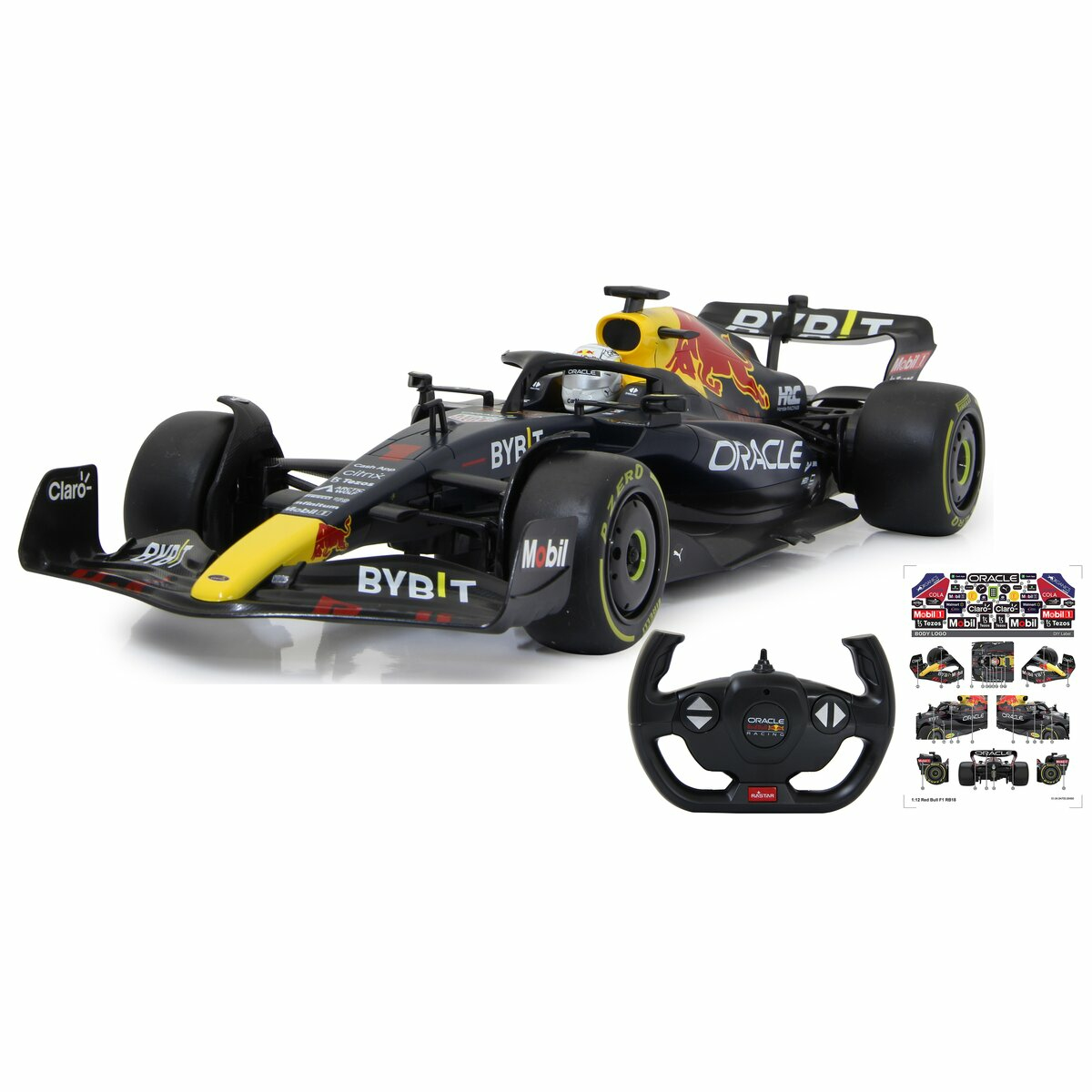 Ein schwarzer Formel-1-Rennwagen mit gelben und roten Akzenten, Aufklebern und einem Steuer.