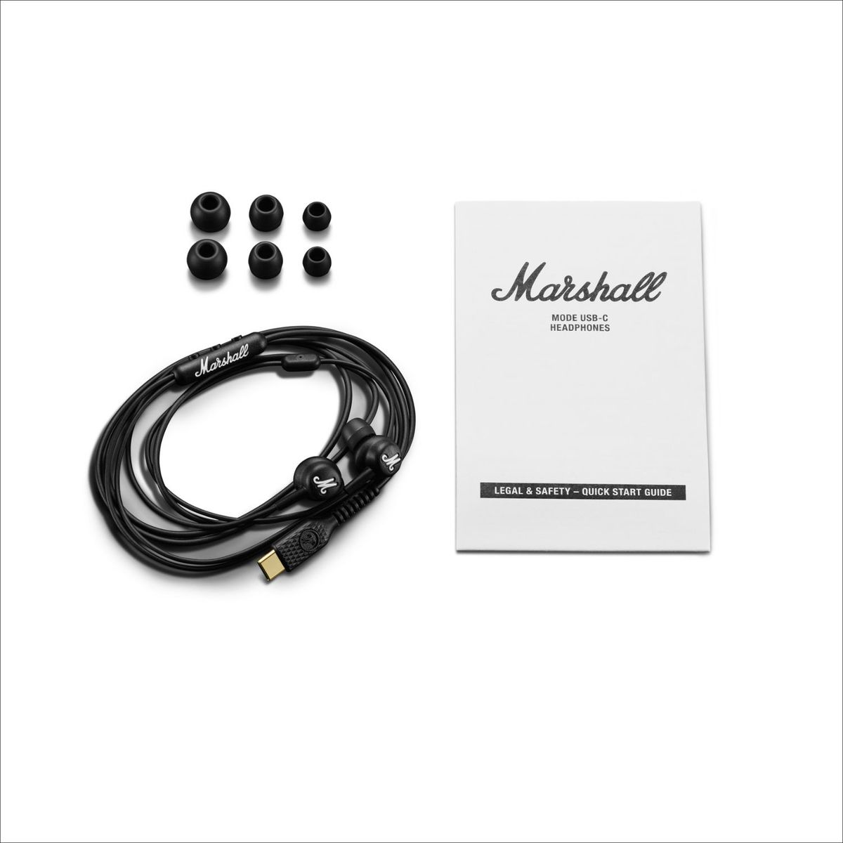 Cuffie Marshall USB-C nere con gommini di ricambio e manuale.
