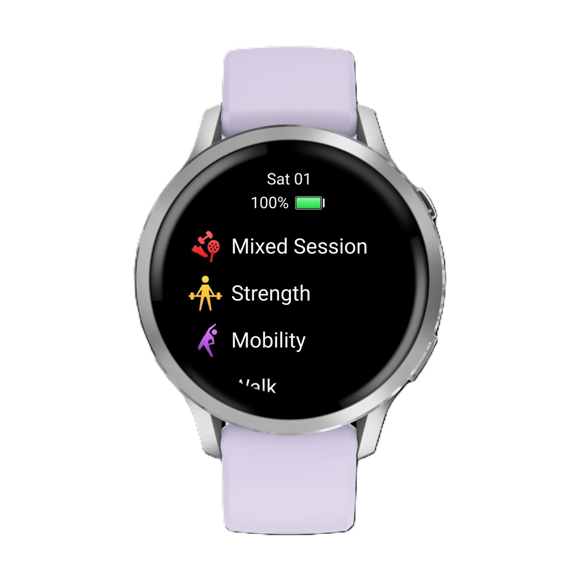 Eine Smartwatch mit lila Armband zeigt ein Menü mit Sportarten an.
