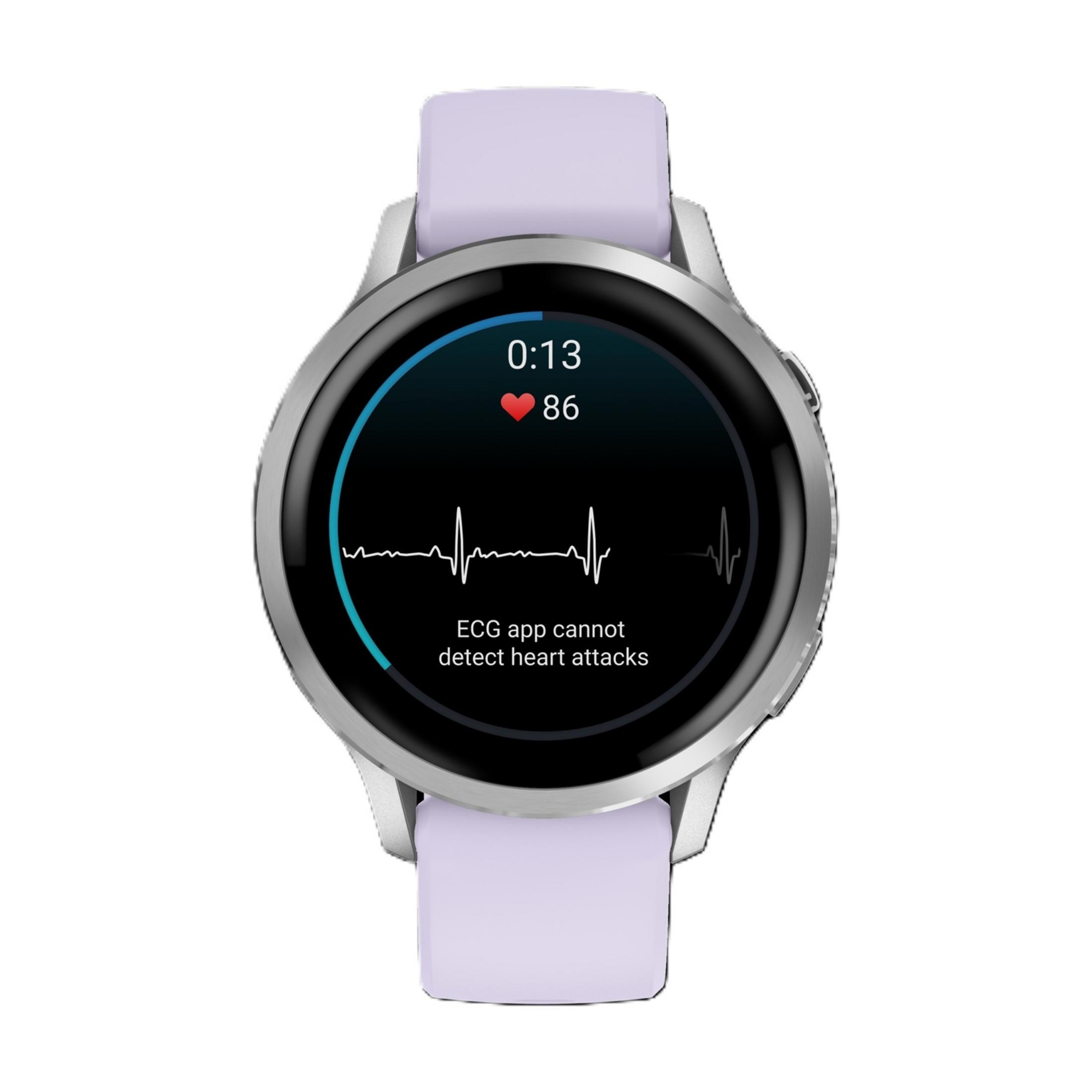Eine graue Smartwatch mit lila Armband zeigt EKG-Daten und 86 BPM.