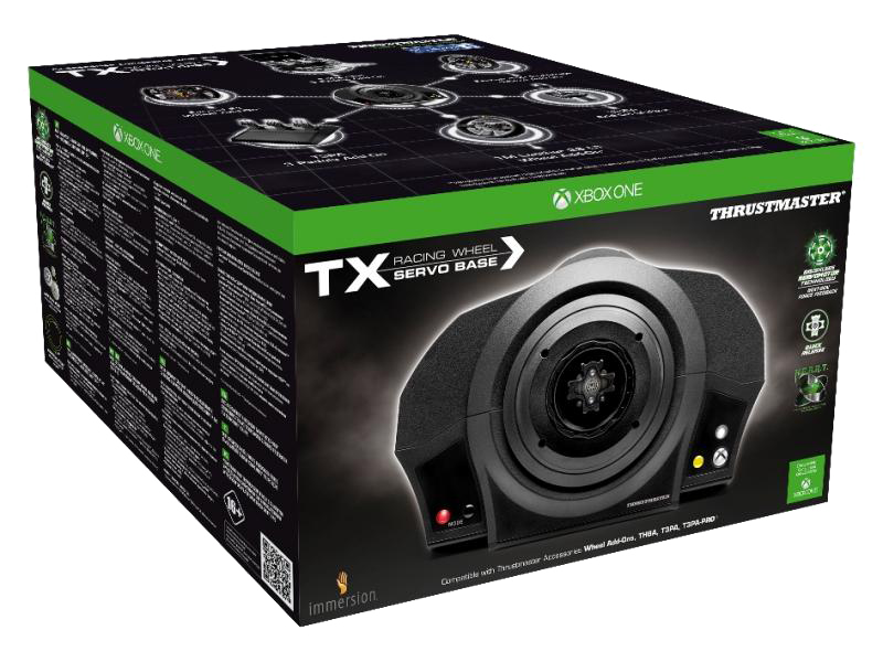Boîte Thrustmaster TX Racing Wheel Servo Base avec un design noir et vert.