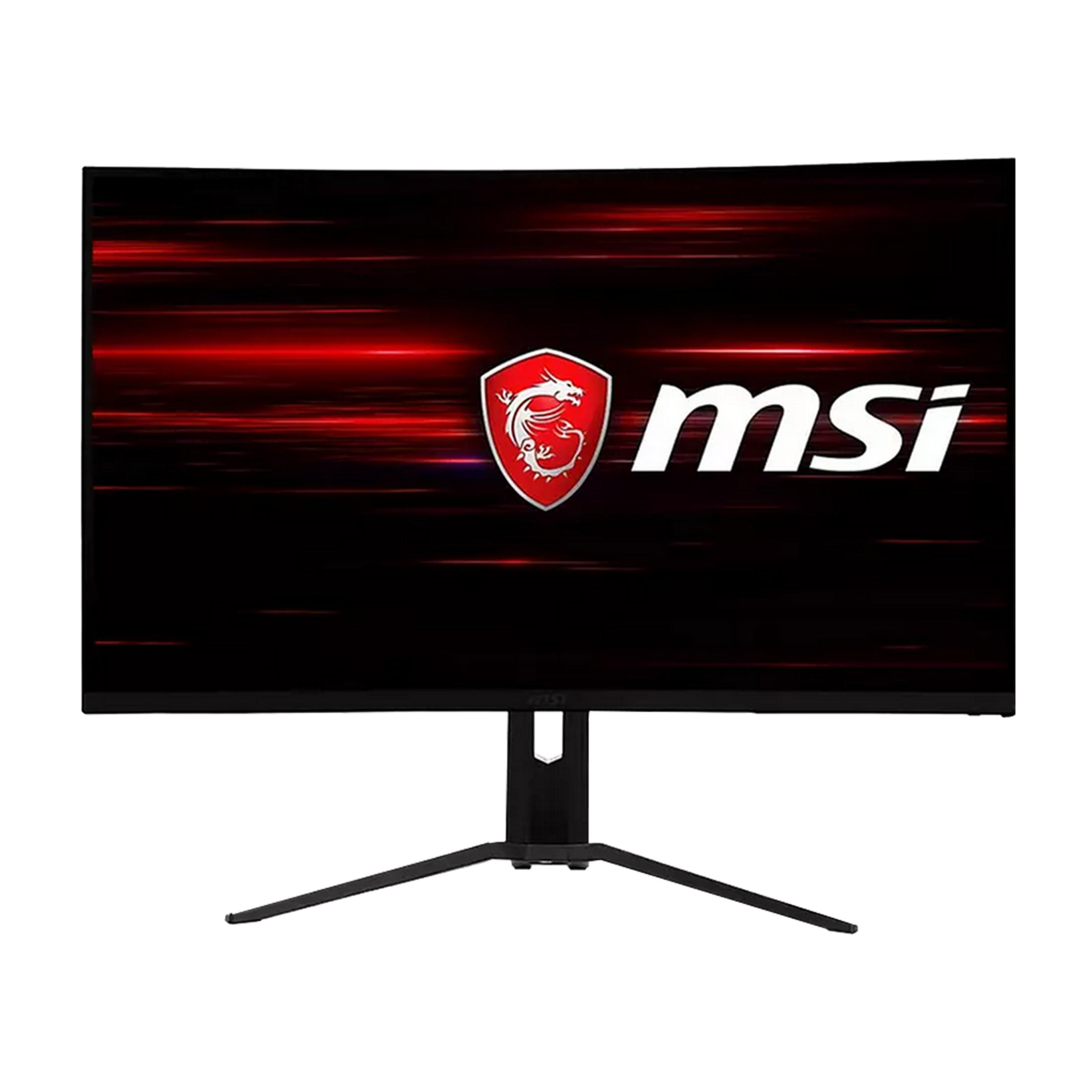 Un monitor curvo da gaming MSI mostra un logo di drago rosso e il testo 'msi'.