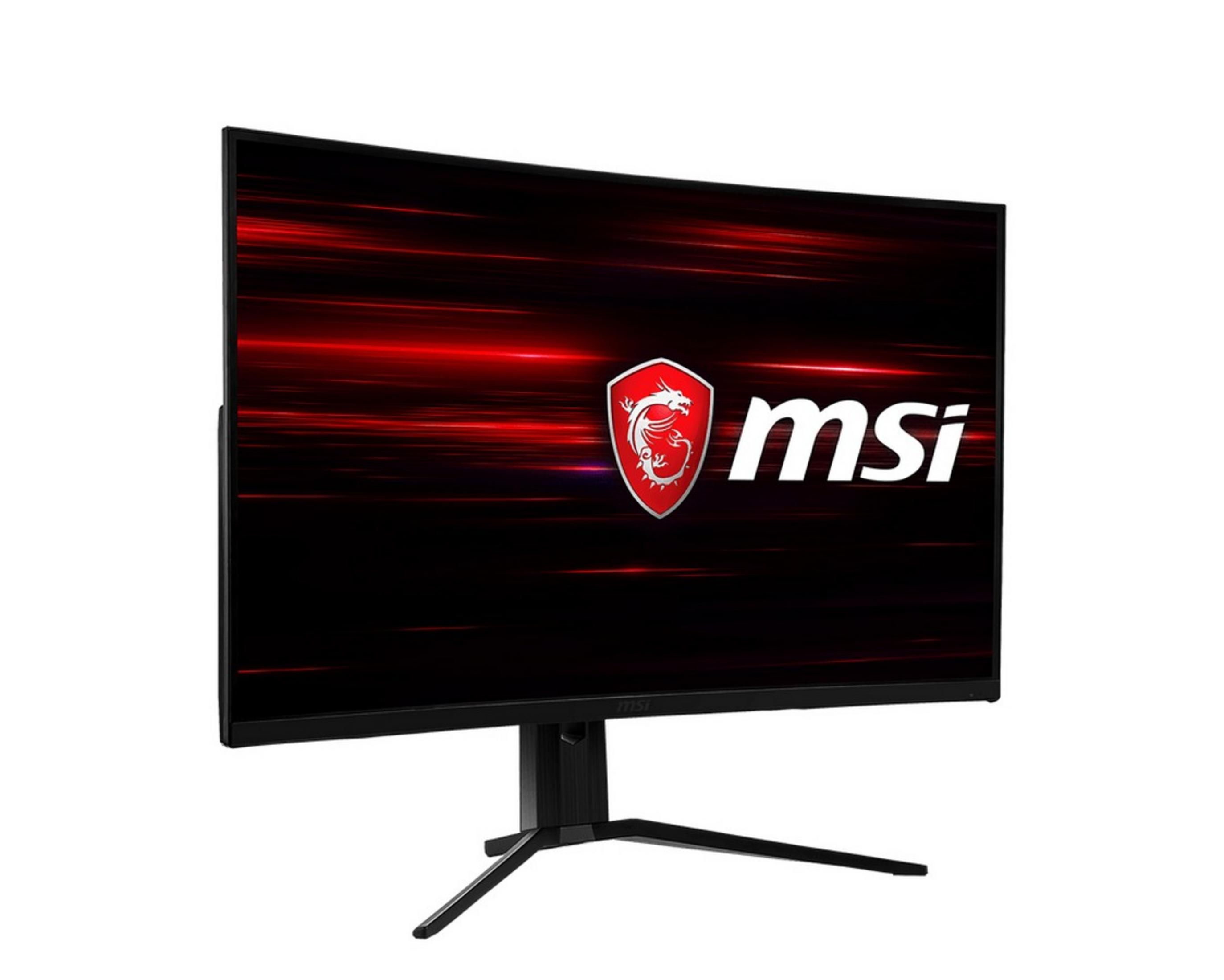 Un monitor da gaming MSI con sfondo rosso a strisce e logo MSI.