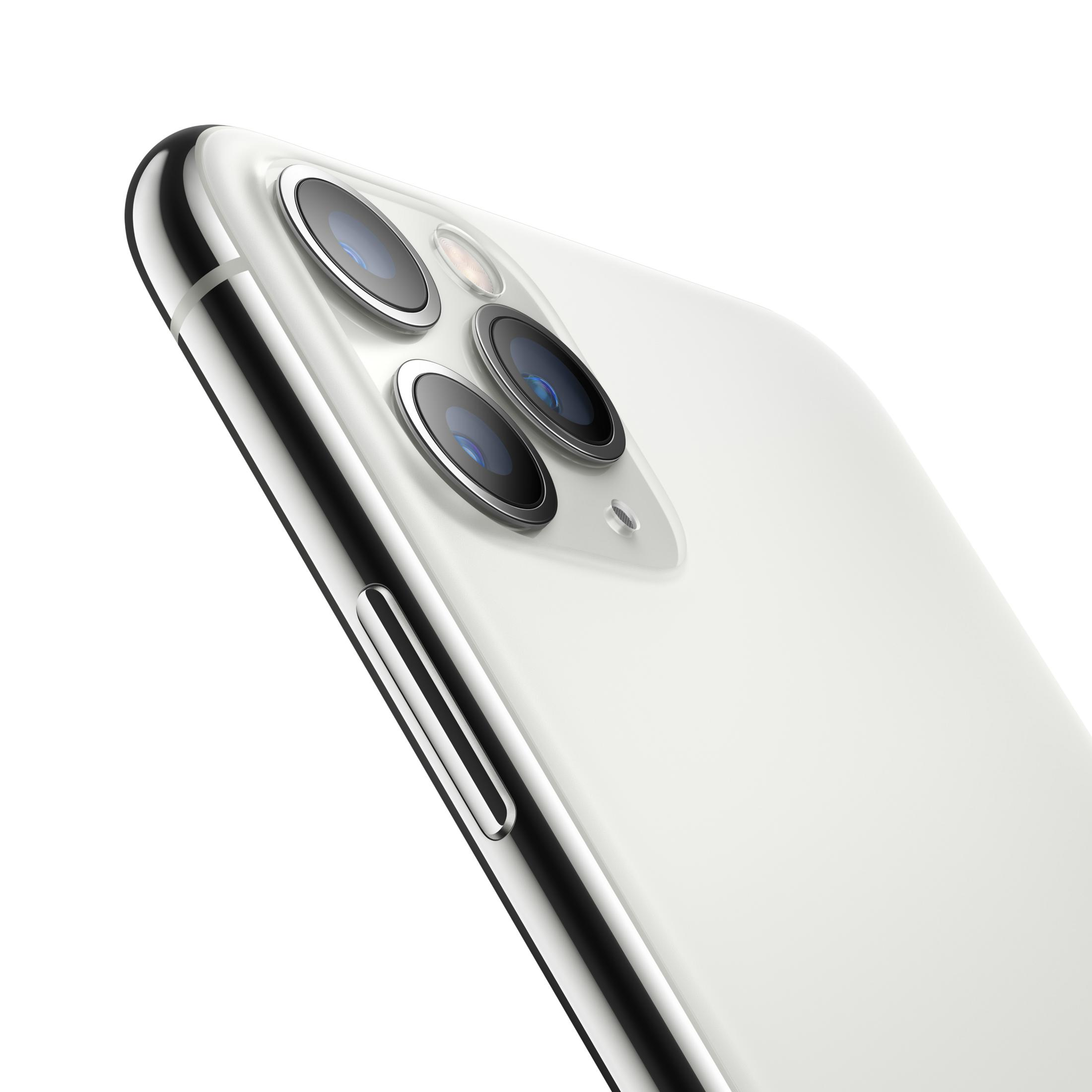 Primo piano di un iPhone bianco con tre fotocamere su sfondo bianco.