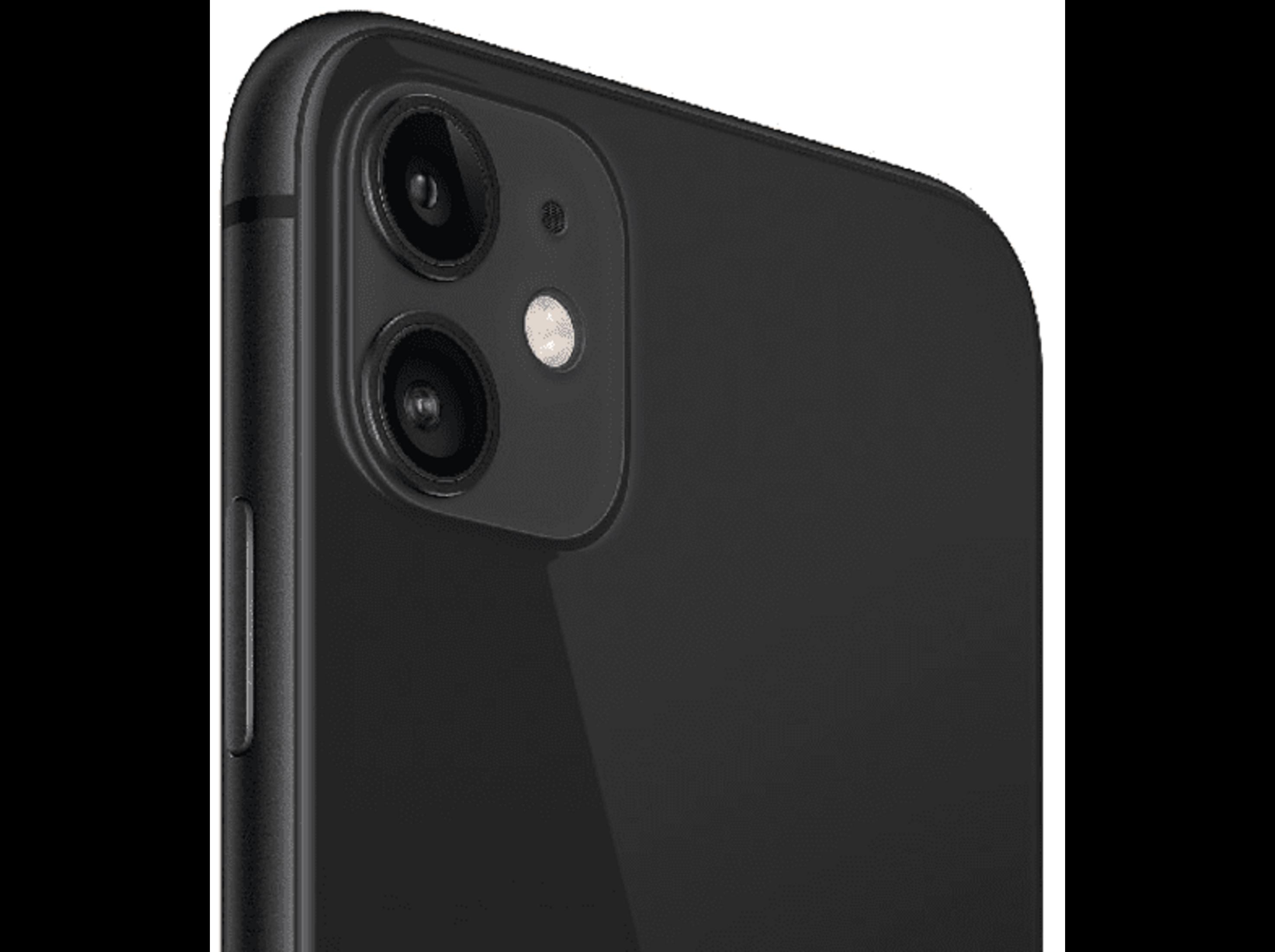 Primo piano dell'obiettivo a doppia fotocamera e del flash di uno smartphone nero.