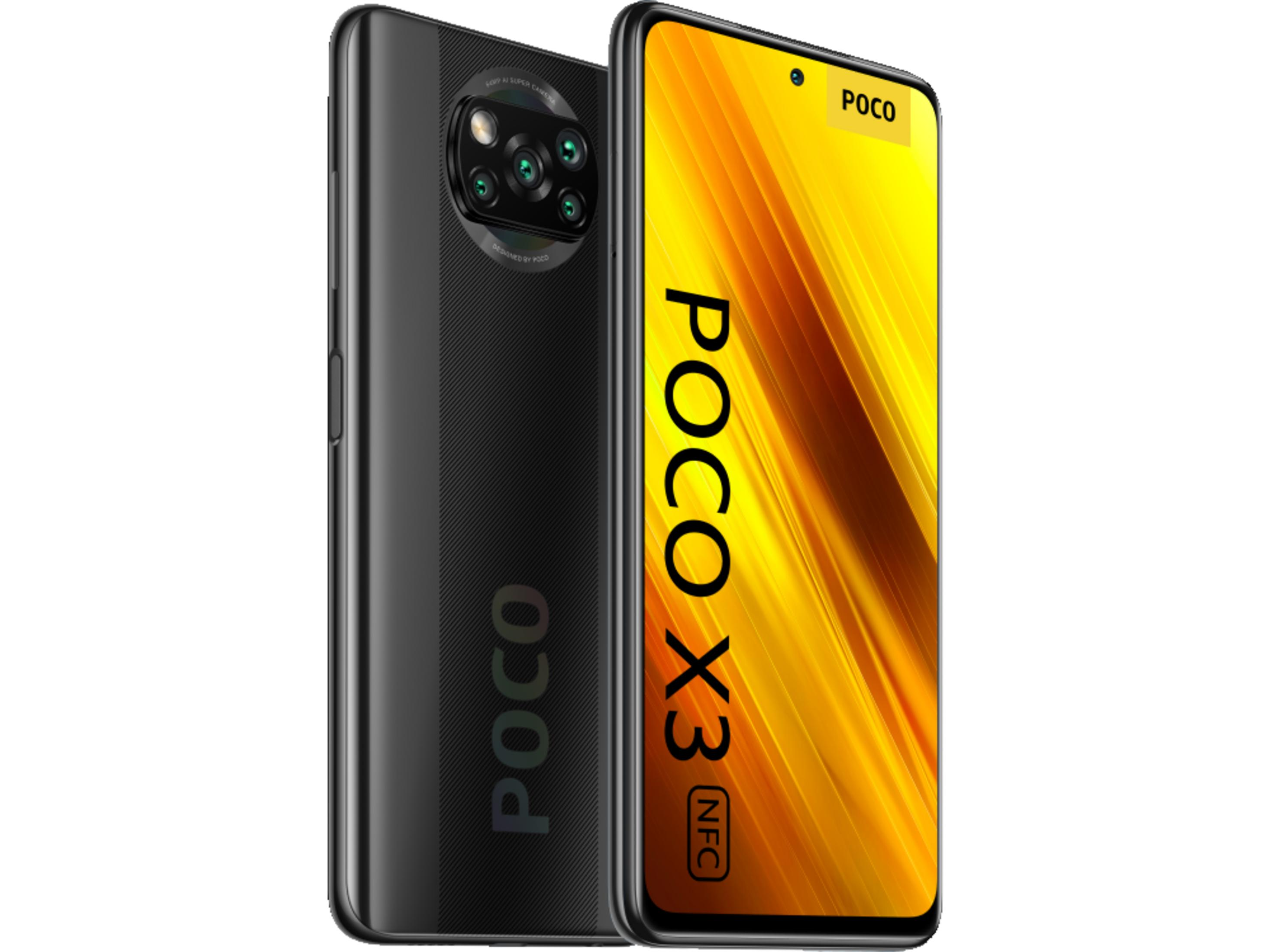 Two black smartphones side by side, one with a camera, the other with a yellow screen.