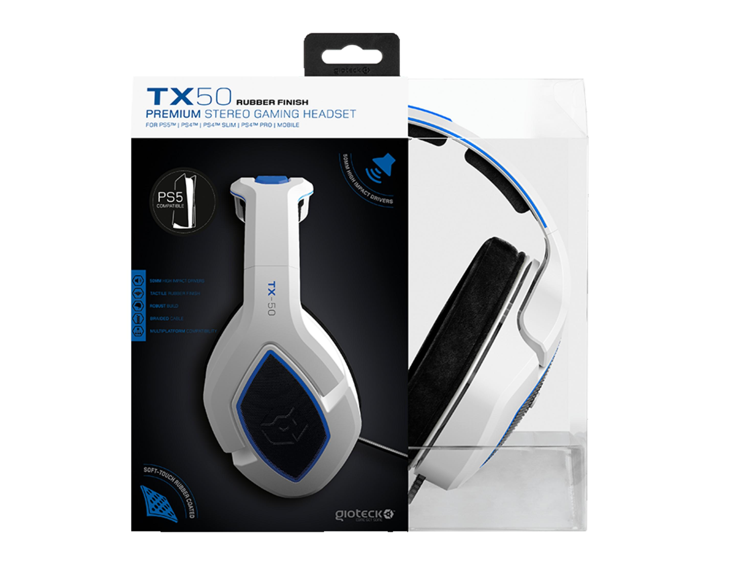 Confezione di cuffie gaming bianche e blu con finitura gommata, compatibili PS5.