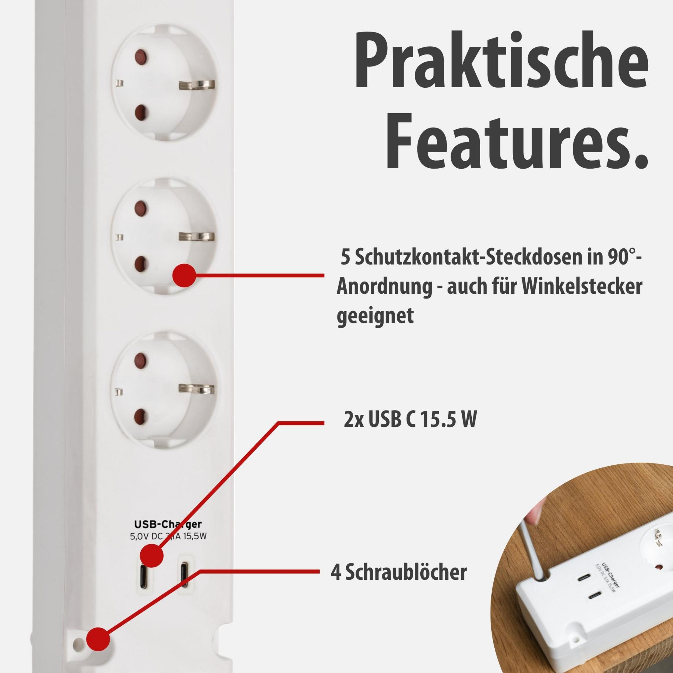 Multipresa bianca con 5 prese, 2x USB-C, 4 fori per viti.