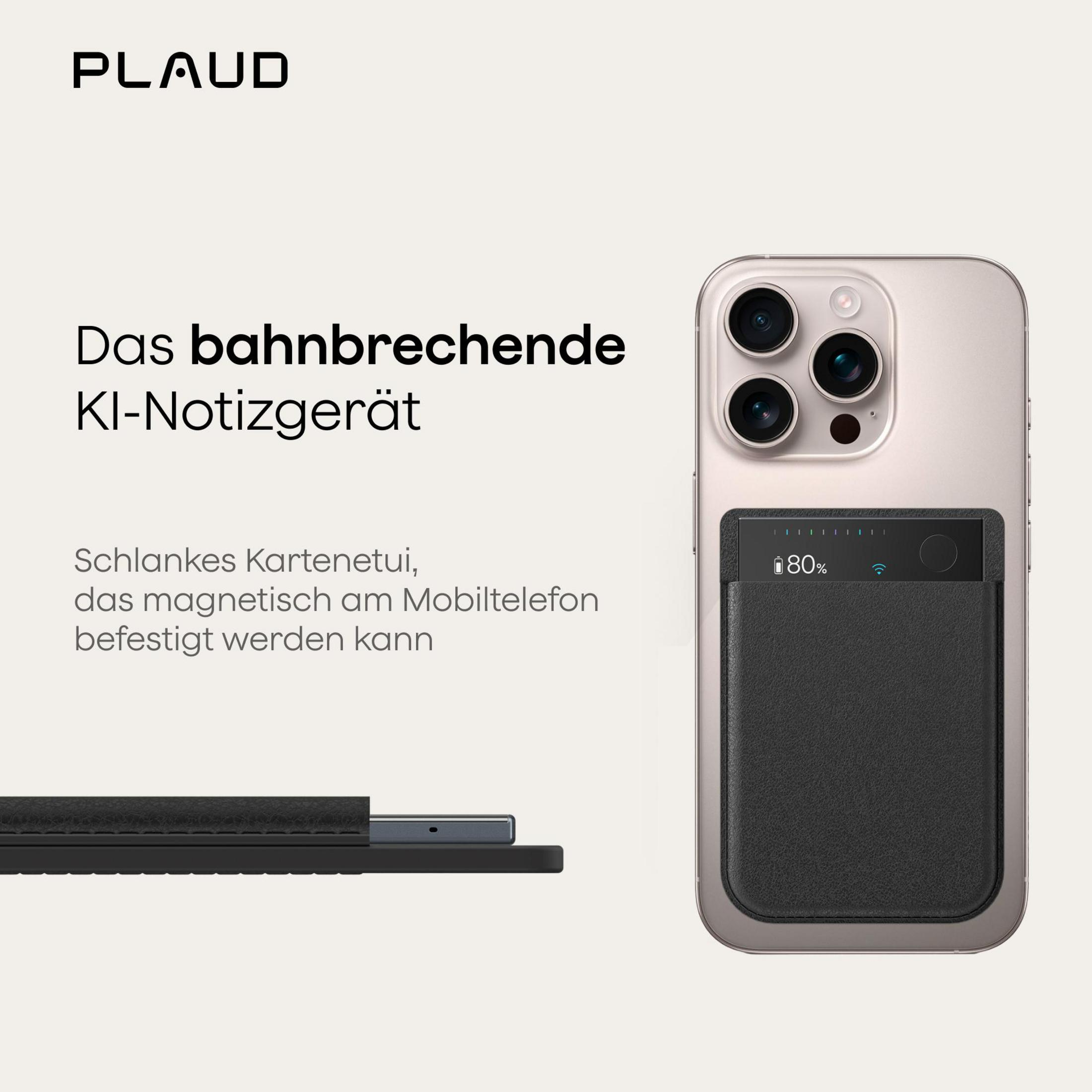 Ein schlankes, schwarzes Kartenetui mit 80% Ladeanzeige an einem Handy.