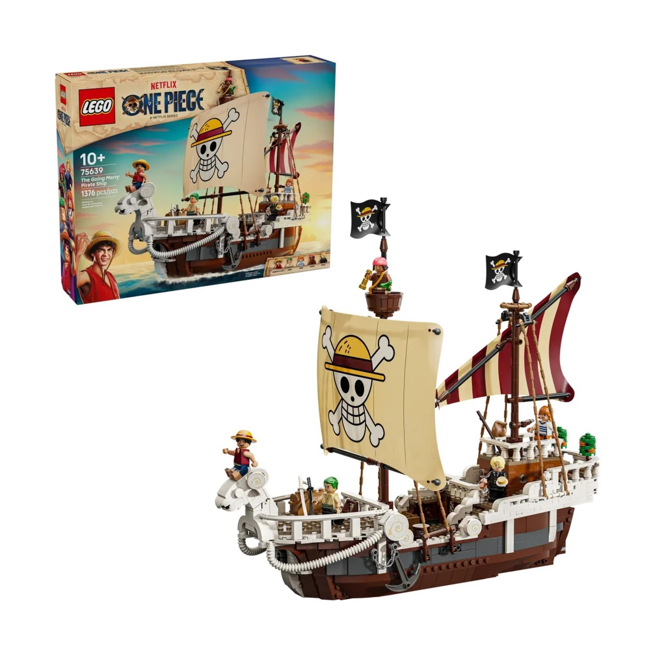 Un set de Lego del barco "Going Merry" de One Piece, con banderas piratas y figuras.