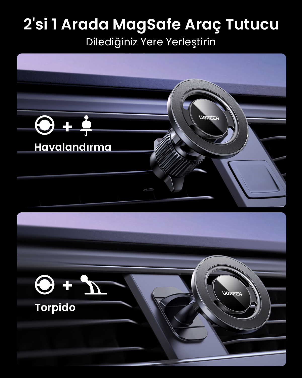 UGREEN MagSafe araç tutucu havalandırma veya torpido montajlı.