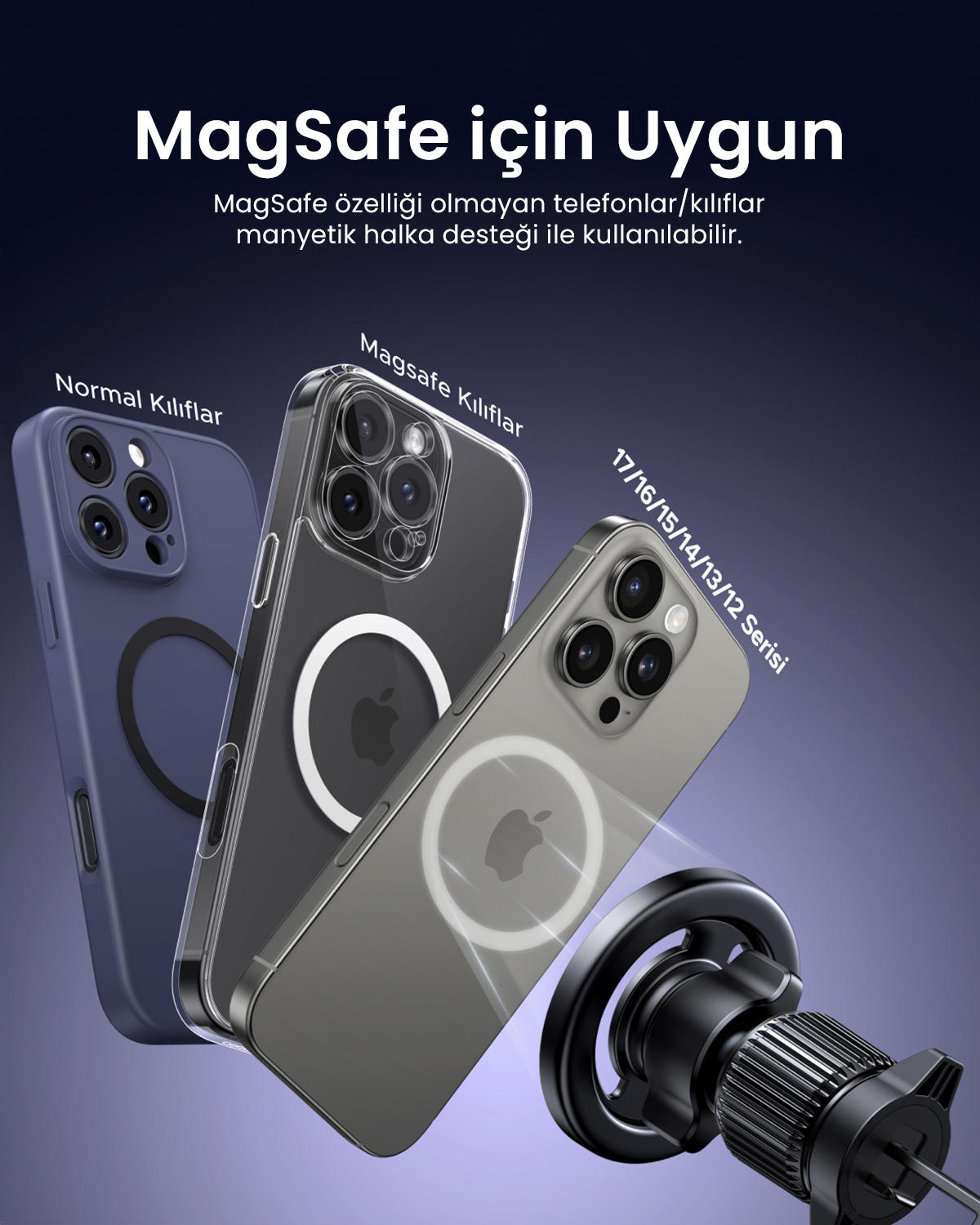 Üç iPhone kılıfı: Normal, MagSafe ve MagSafe 12-17 Serisi için.