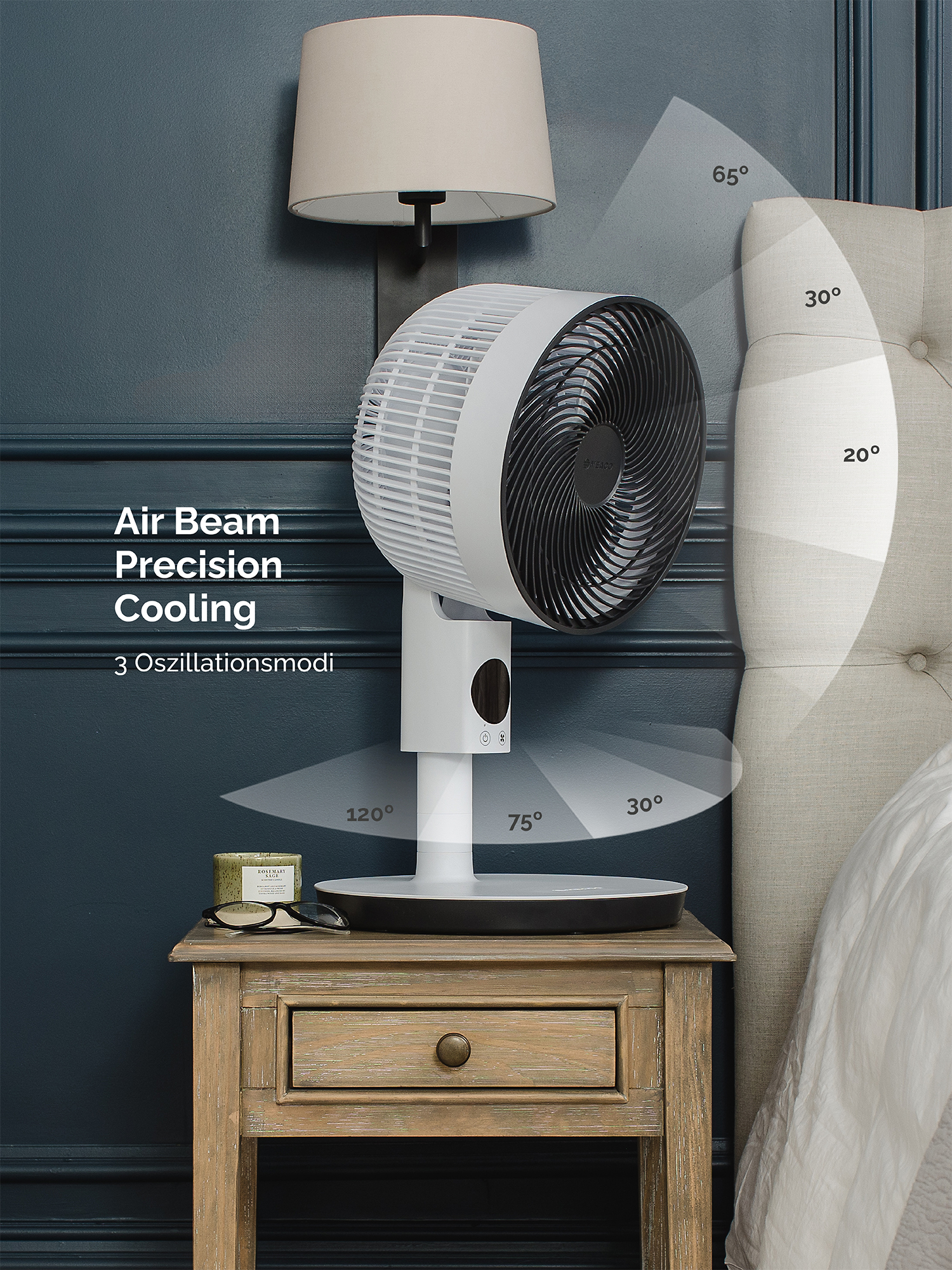 Un ventilatore bianco con vari angoli di oscillazione si trova su un comodino.