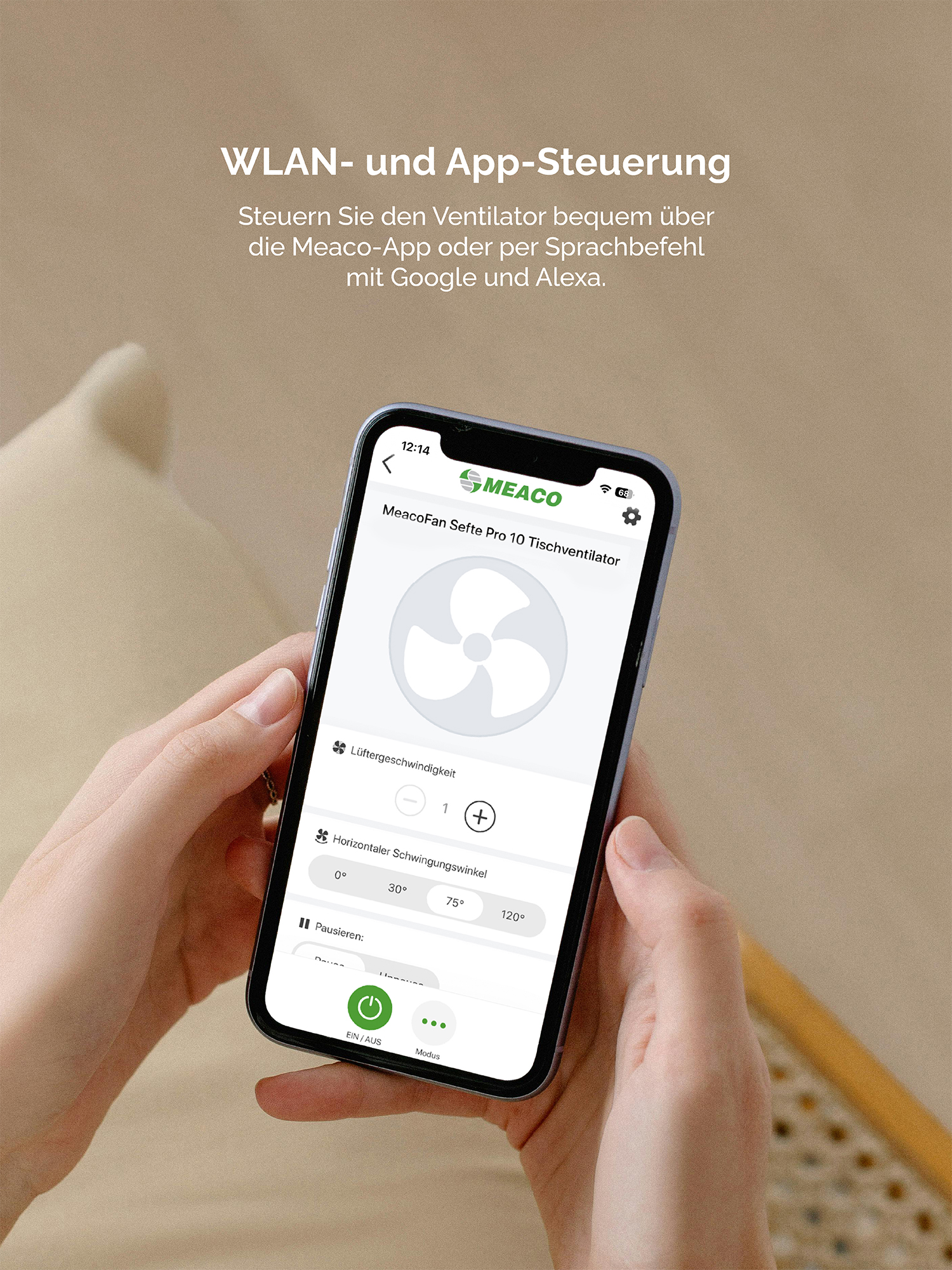 Una mano tiene uno smartphone che mostra l'app Meaco. Velocità e angolo della ventola regolabili.