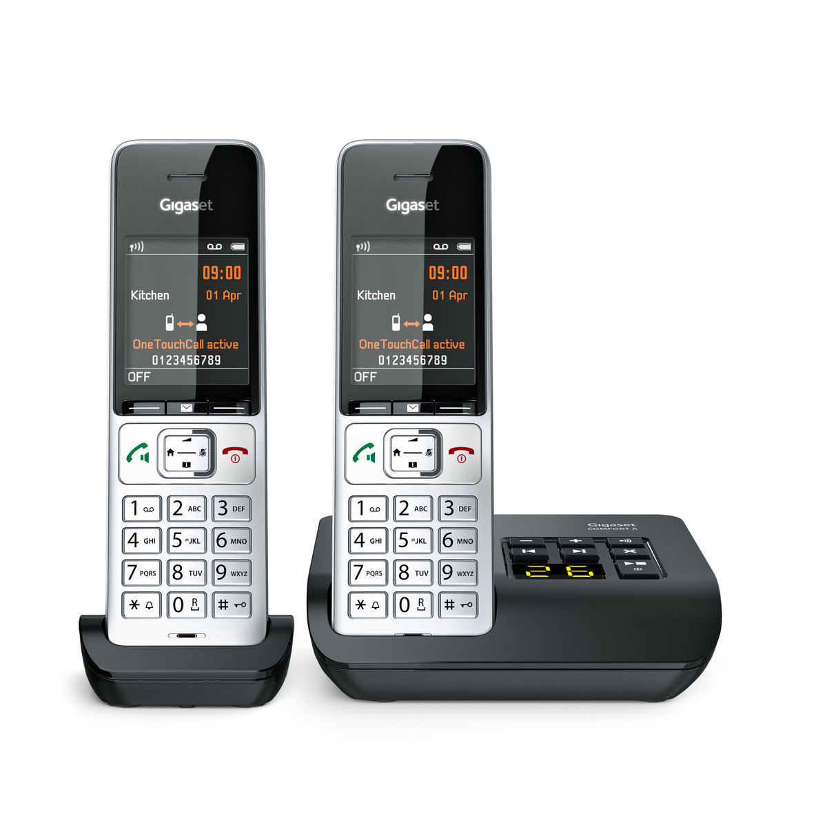 Zwei weiße Gigaset-Telefone mit Ladestation, Displays zeigen 09:00.