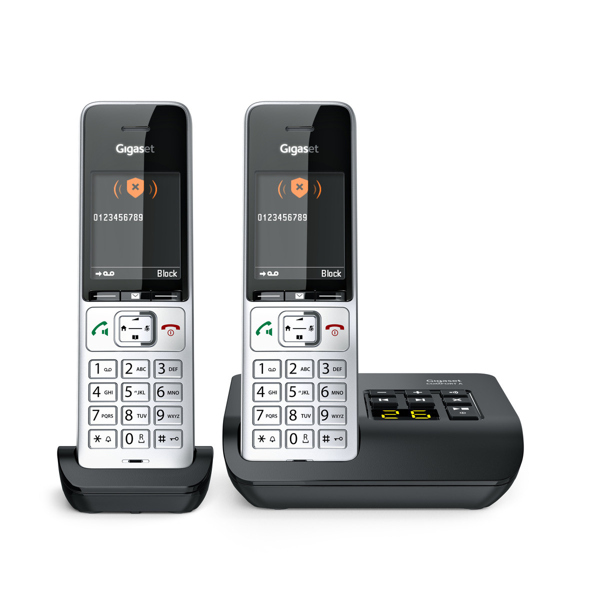 Zwei weiße Gigaset-Telefone stehen auf einer schwarzen Ladestation.