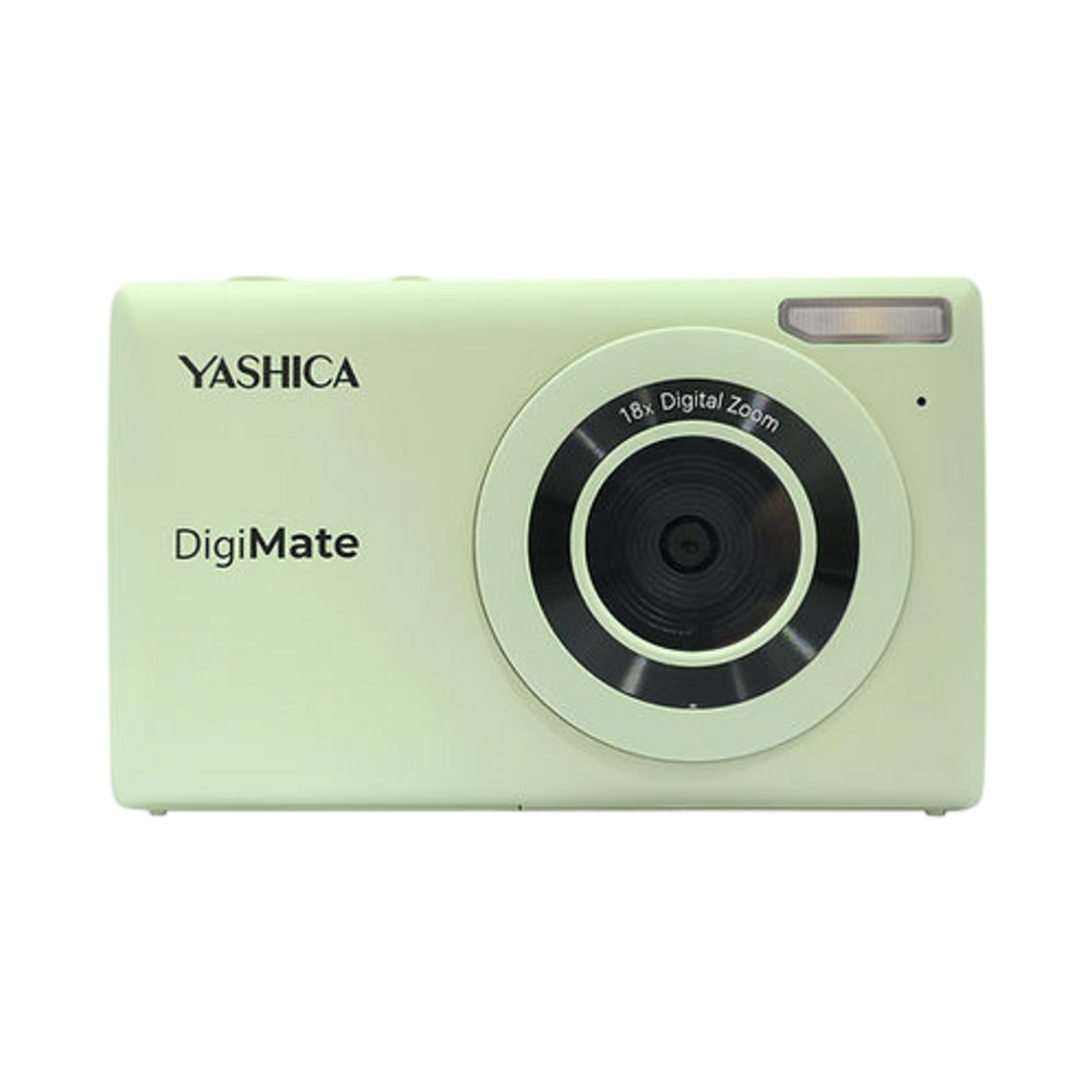 Una fotocamera digitale Yashica DigiMate verde chiaro con zoom digitale 18x.