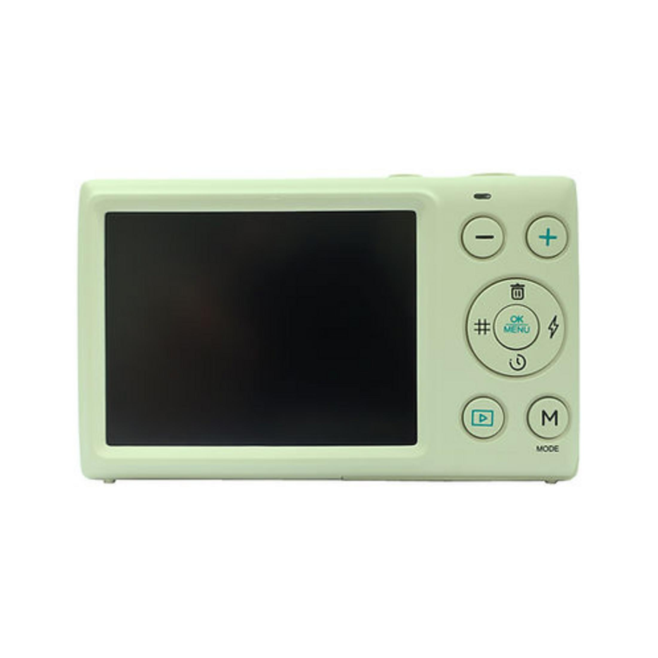 Retro di una fotocamera digitale verde chiaro con schermo nero e pulsanti di controllo.