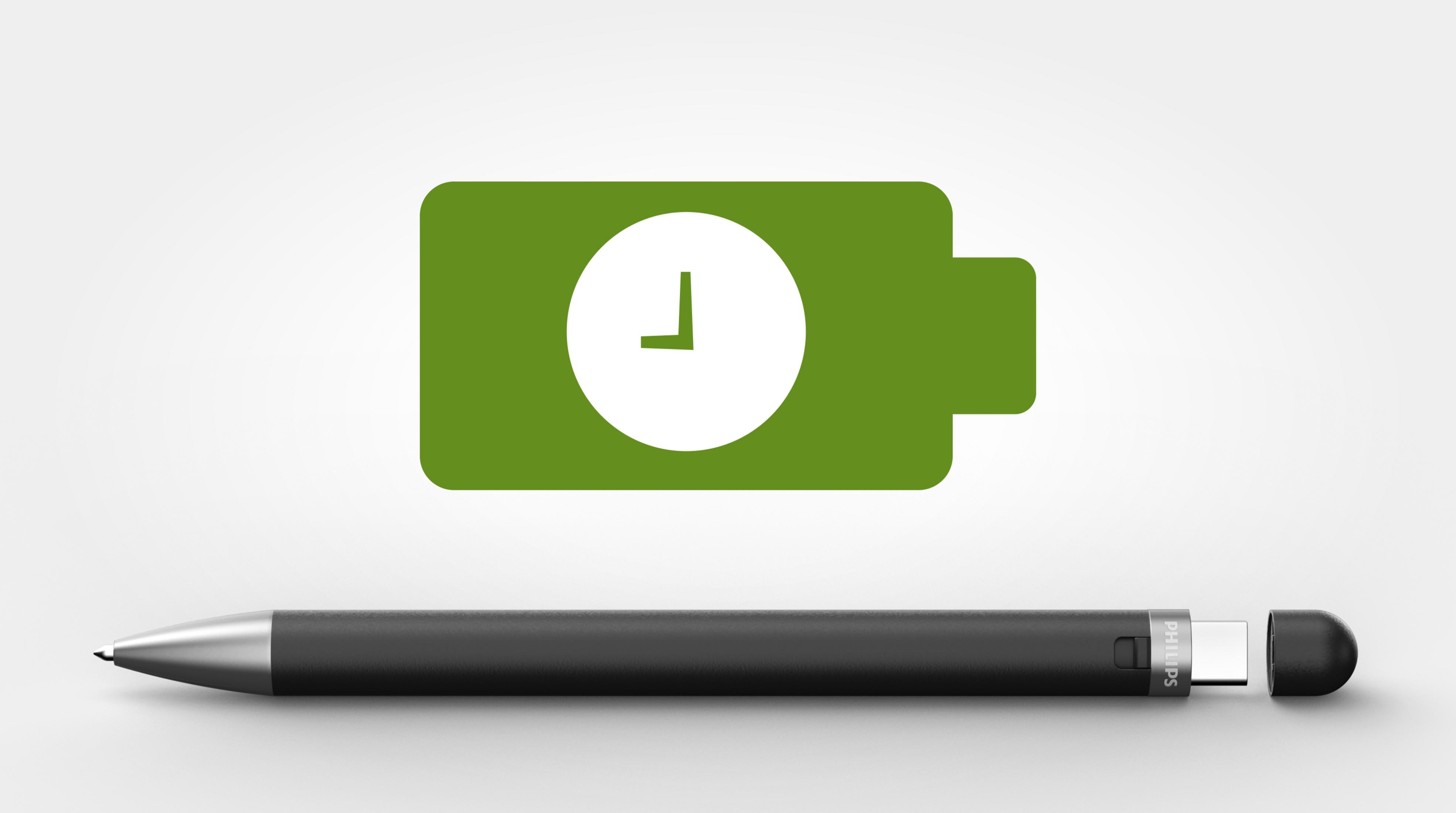 Icona batteria verde con orologio, accanto a una penna nera con punta argentata.