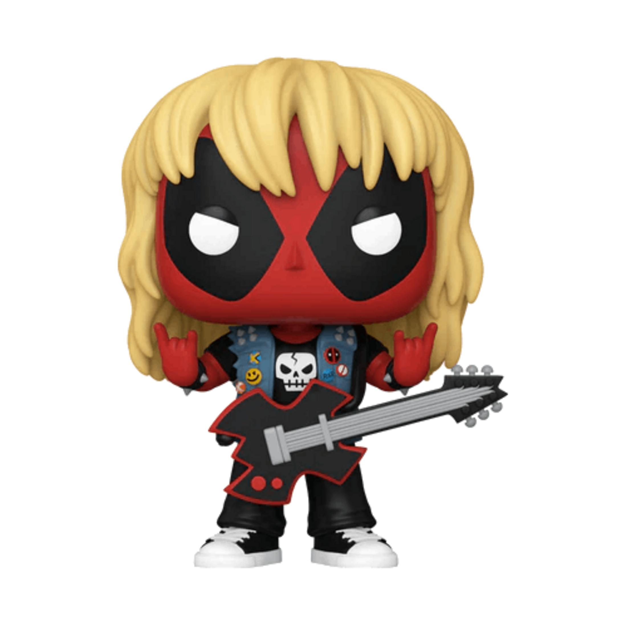 Statua di Deadpool con capelli biondi, gilet, maglietta teschio e chitarra.