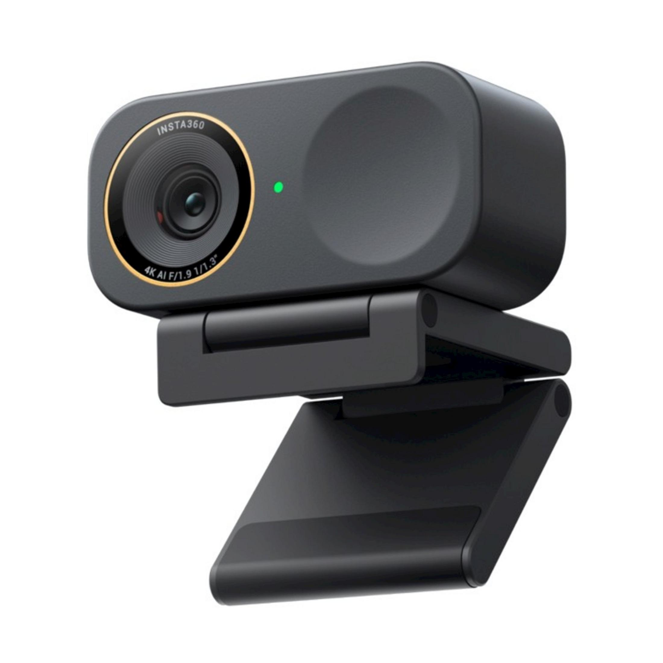 Schwarze Webcam mit goldnem Ring, grünem Licht und verstellbarem Ständer.