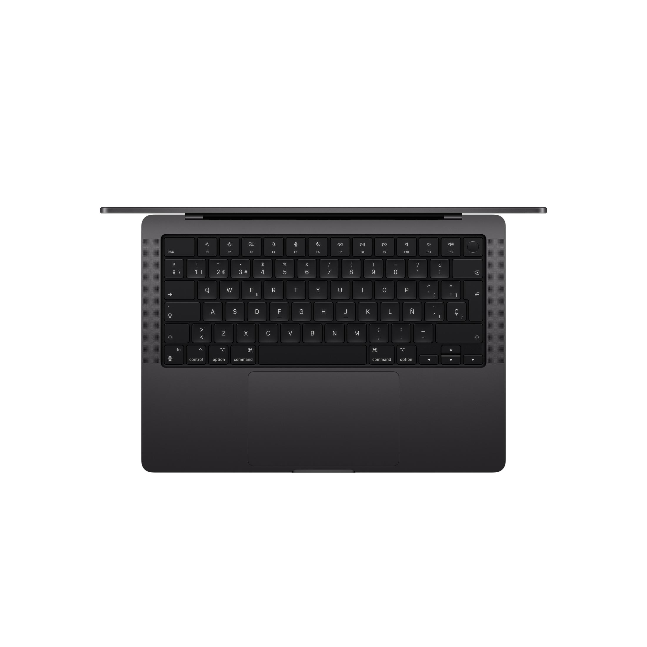 Teclado y trackpad de portátil gris oscuro sobre fondo blanco.