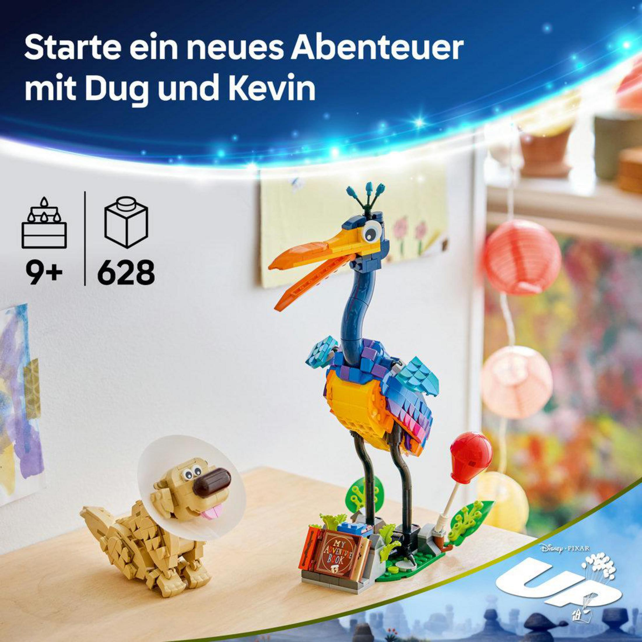 Modele Lego Dug i Kevina z filmu 'Odlot', z książką i balonem.