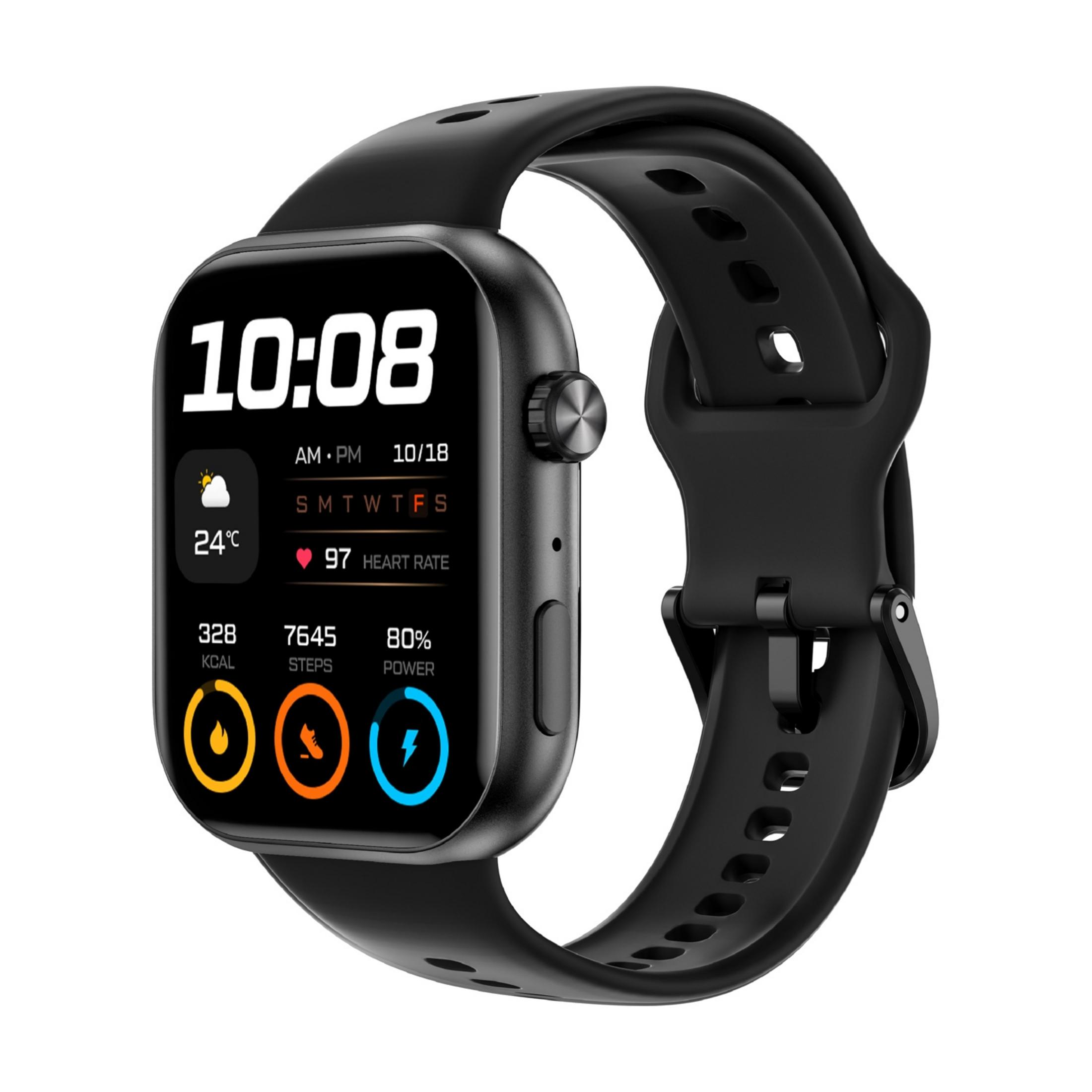 Reloj inteligente negro que muestra hora, clima, FC, calorías, pasos y nivel de batería.