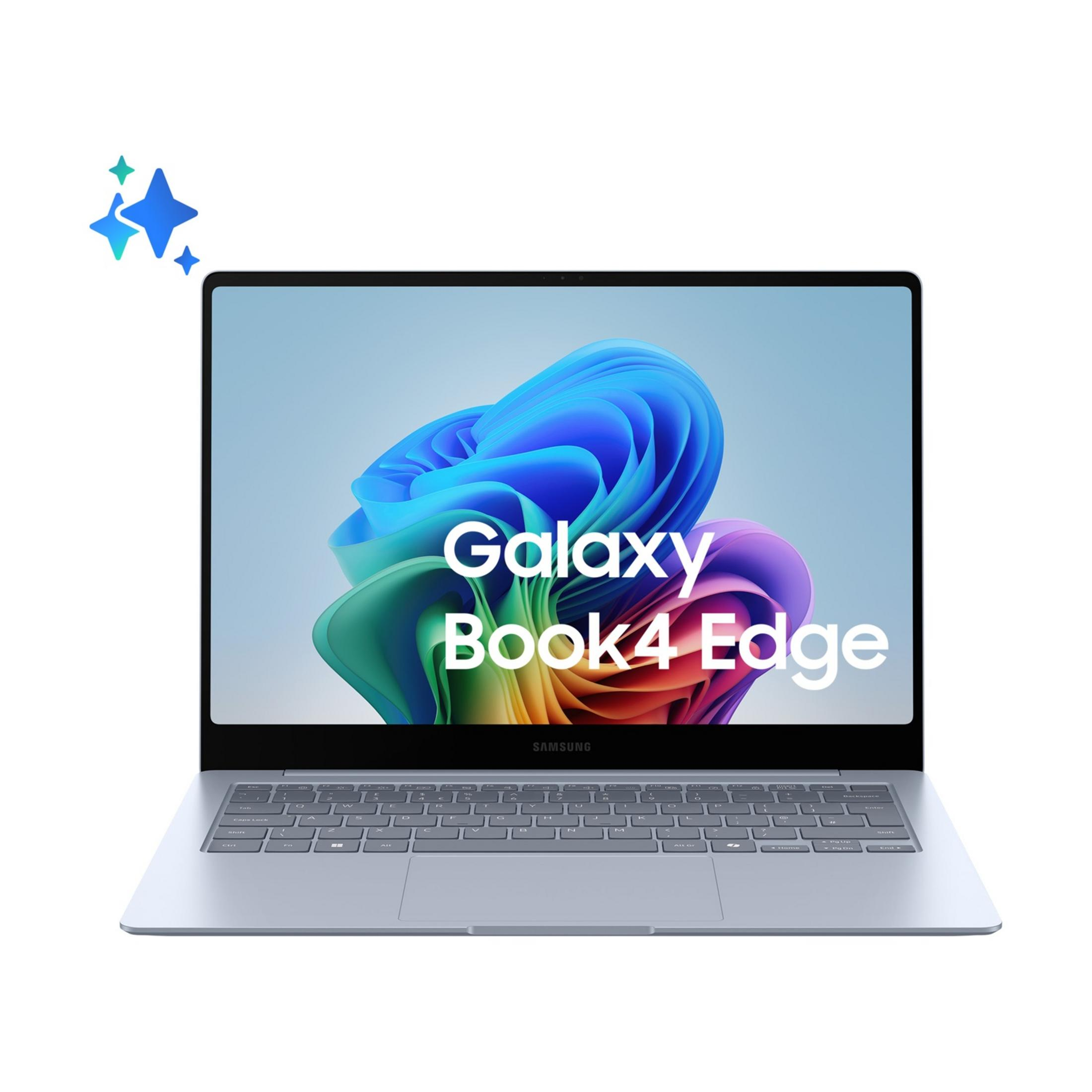Un laptop argentato con uno sfondo astratto colorato e stelle.