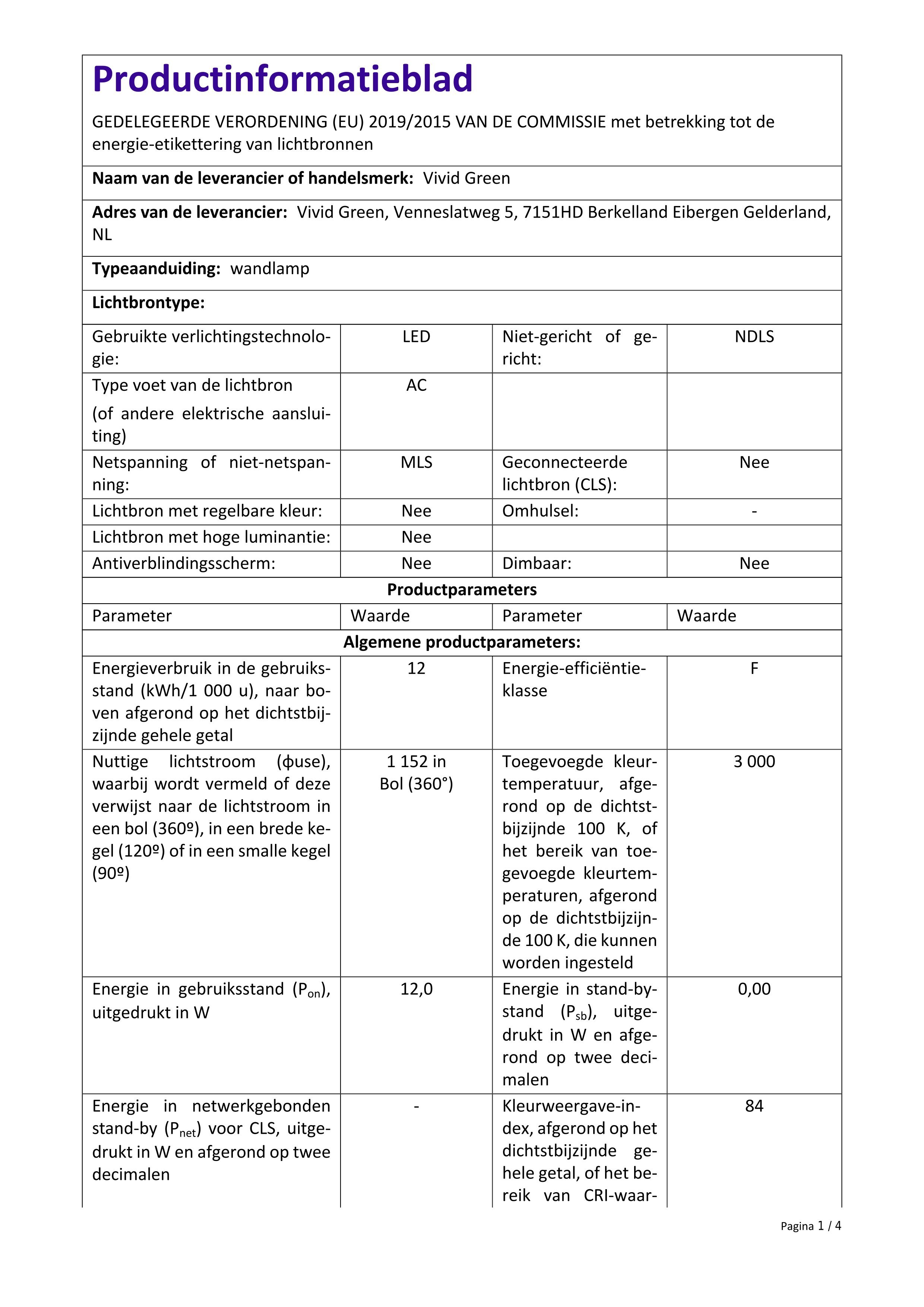 Product information sheet for a wall lamp with LED light source, energy efficiency class F.