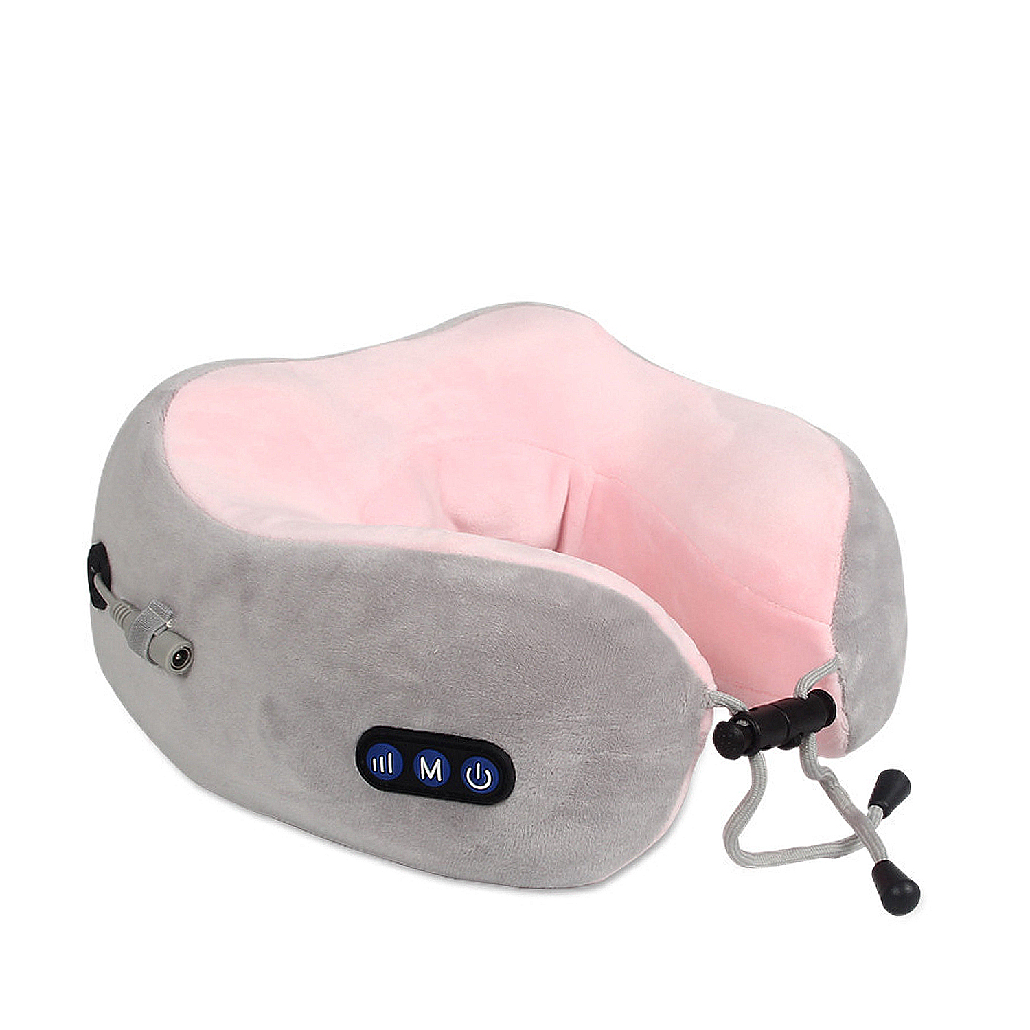 Cuscino da collo grigio con fodera rosa e pulsanti di controllo.