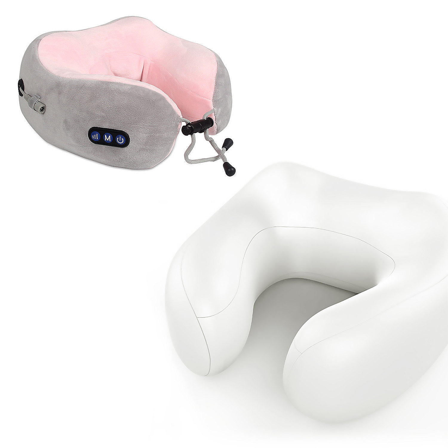 Cuscino da collo grigio con fodera rosa e un cuscino bianco accanto.