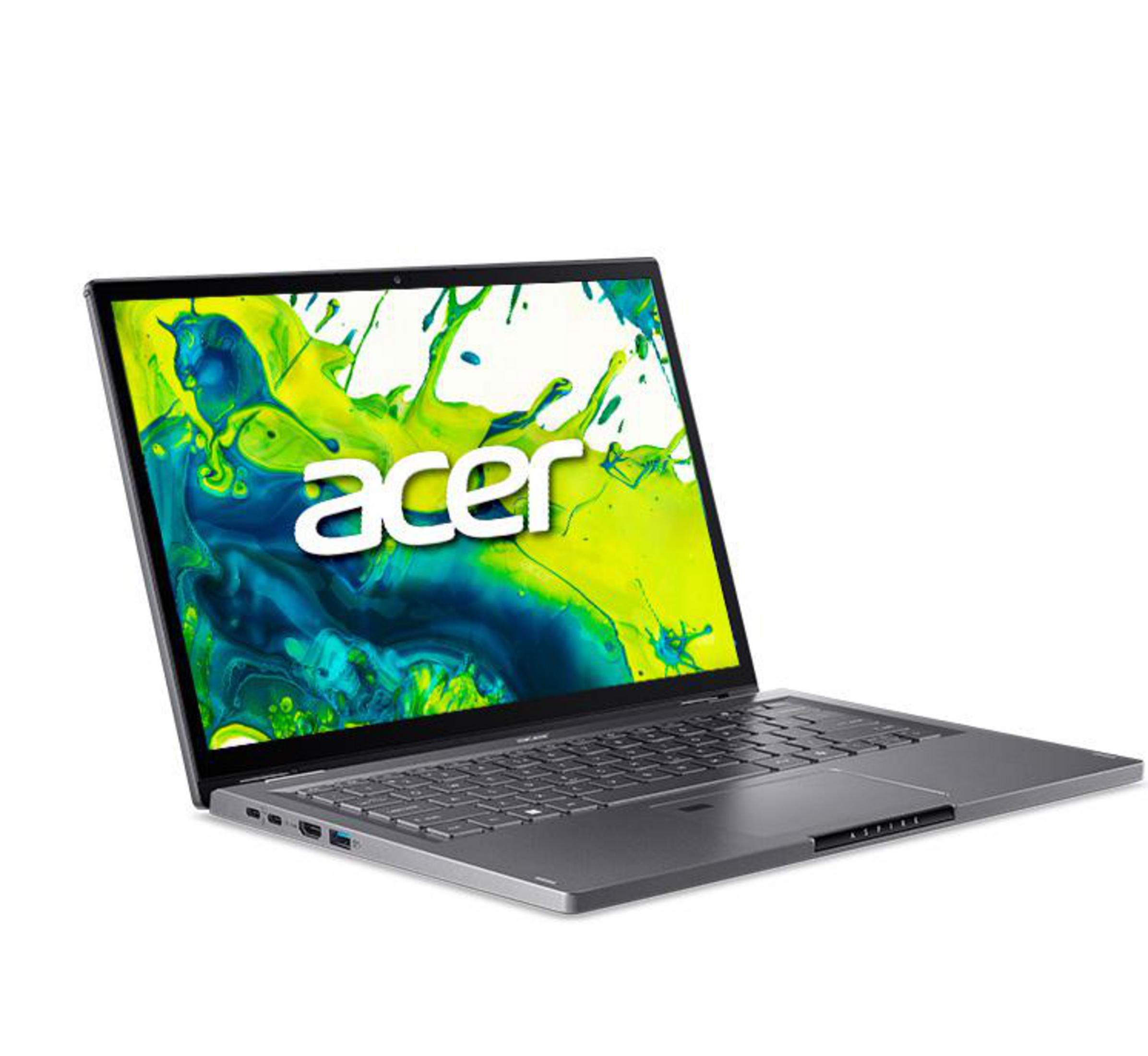 Silberner Acer Laptop mit buntem abstrakten Splash-Screen auf dem Display.