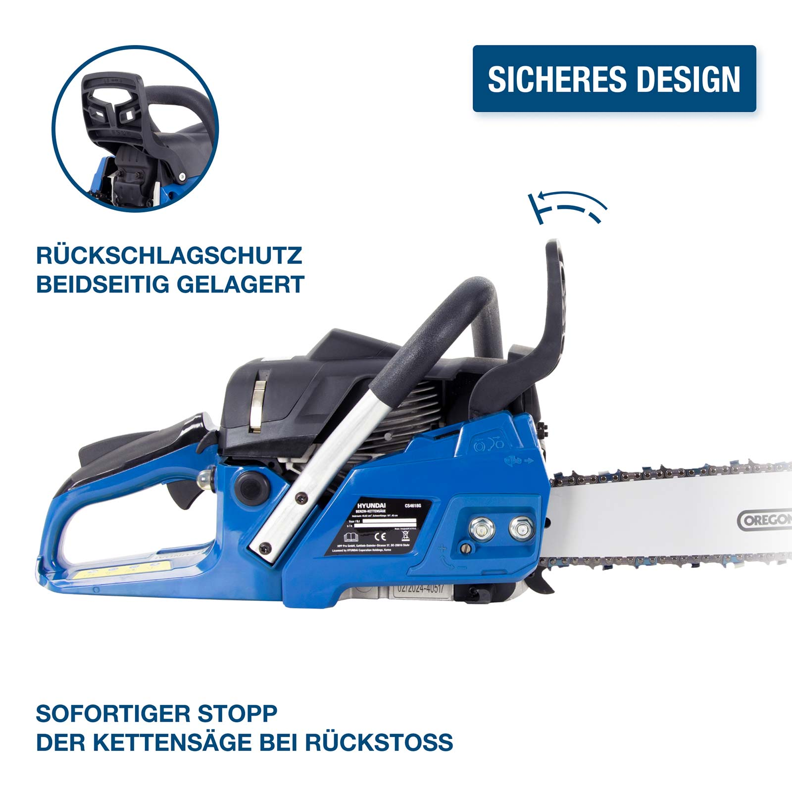 Blaue Kettensäge mit Oregon-Kette, Schutz und Griffen.