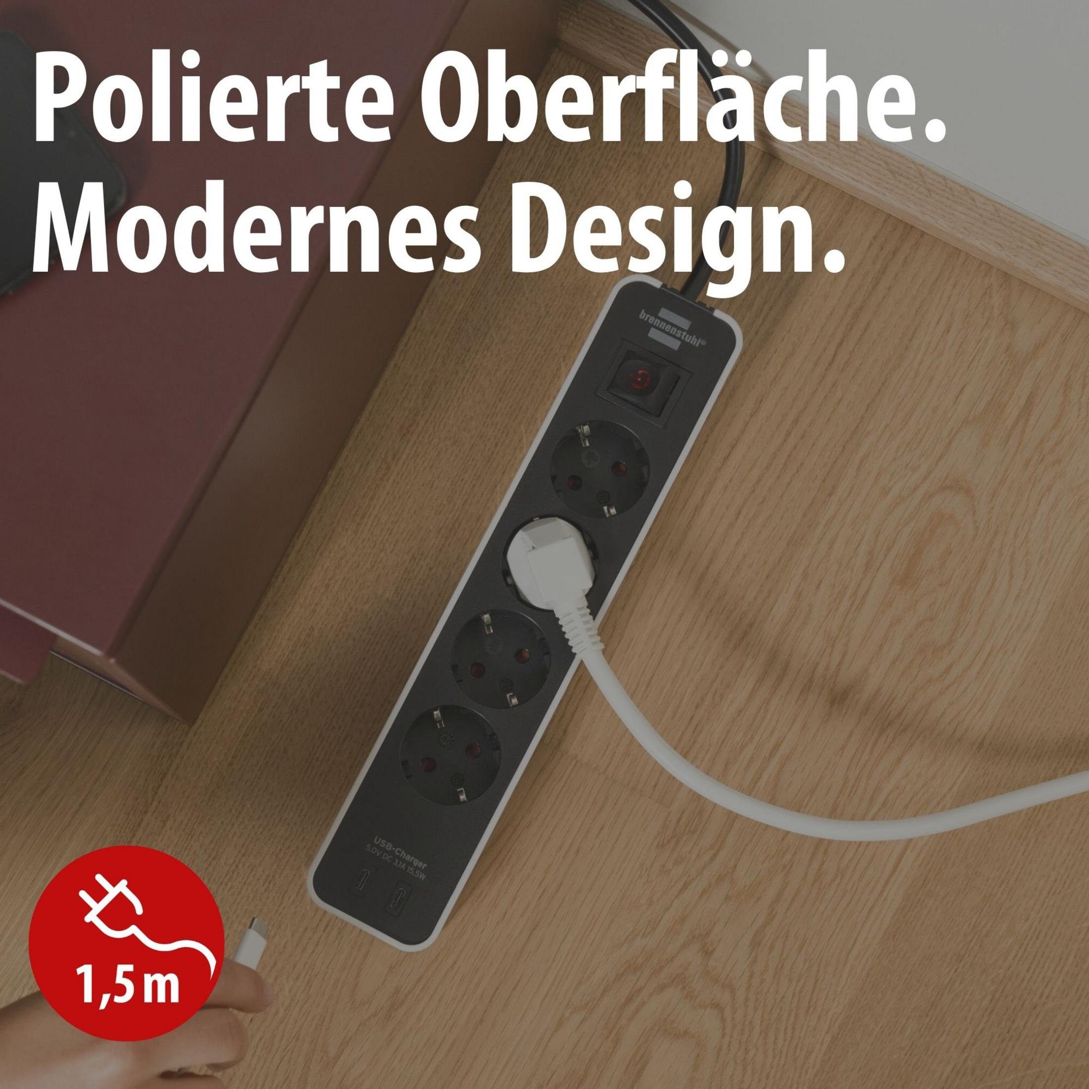 A black power strip with 4 sockets and a USB port.